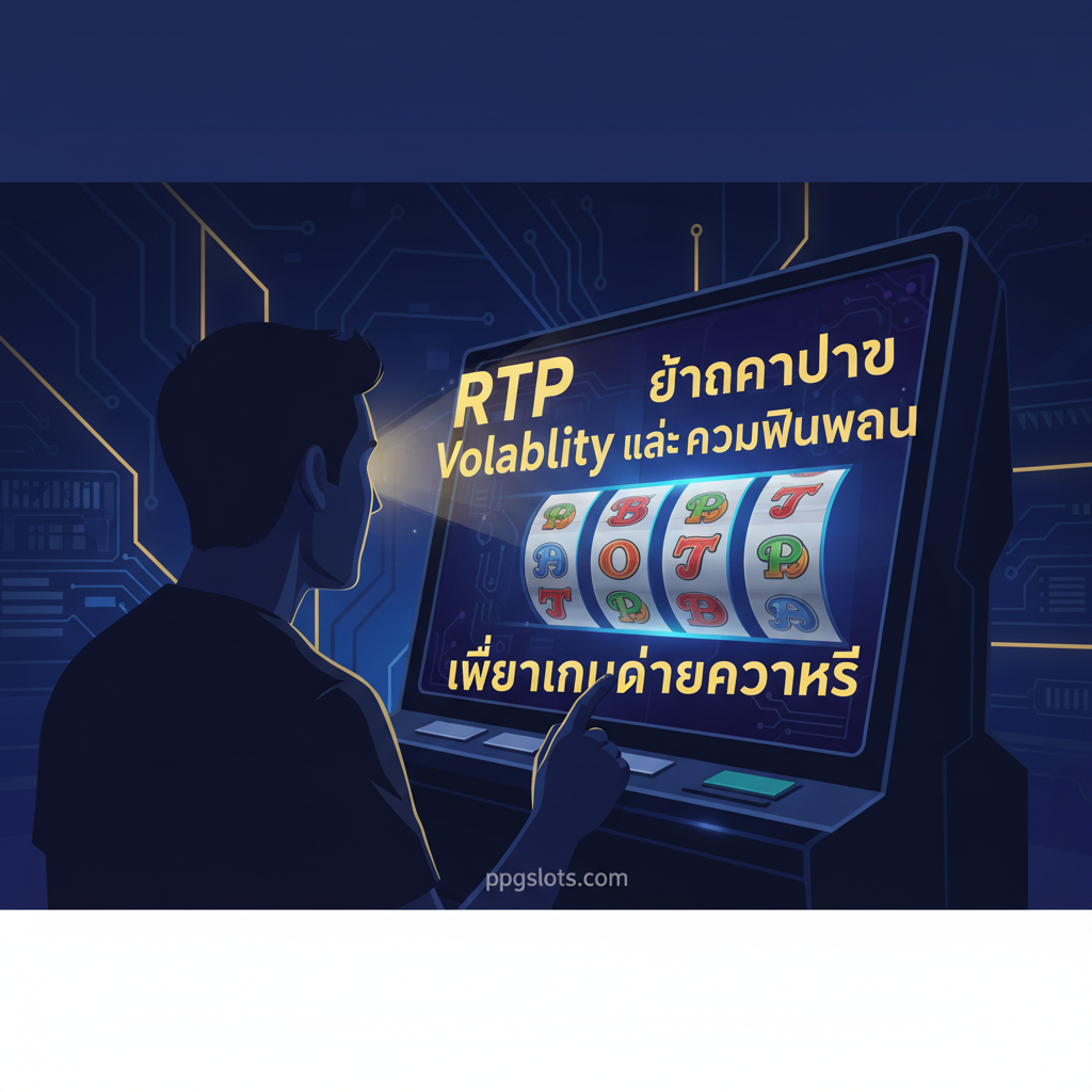 ภาพประกอบที่สร้างแรงบันดาลใจและสรุปเนื้อหา แสดงผู้เล่นคนหนึ่ง (อาจเป็นรูปเงา) กำลังมองหน้าจอเกมสล็อตออนไลน์ที่มีวงล้อหมุนอยู่ แต่แทนที่จะมองแค่สัญลักษณ์ ผู้เล่นคนนี้กำลังมองเห็นข้อมูลสำคัญของเกม (RTP และ Volatility) ที่ลอยอยู่ด้านบนวงล้อ เป็นสัญลักษณ์ของการ 'เล่นอย่างชาญฉลาด' และ 'การตัดสินใจอย่างมีข้อมูล' มีข้อความสั้น ๆ เป็นภาษาไทย เช่น 'เลือกเกมด้วยความรู้' เพื่อเน้นย้ำข้อความสุดท้ายของบทความ แสดงความรู้สึกของการควบคุมและอำนาจเหนือโชคชะตา