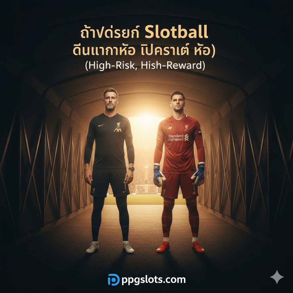 ภาพที่เน้นย้ำถึงบทบาท Sweeper-Keeper ที่เพิ่มขึ้นของ Alisson ในระบบ Slotball แสดงภาพเขาที่วิ่งออกมาจากกรอบเขตโทษอย่างรวดเร็ว (นอกกรอบเขตโทษประมาณ 15 หลา) เพื่อสกัดกั้นบอลยาวของคู่แข่งหรือเริ่มการโจมตีใหม่ ภาพควรให้ความรู้สึกของการเคลื่อนไหวที่รวดเร็วและเป็นอิสระด้วยมุมมองแบบ Wide-angle เพื่อเน้นพื้นที่ที่ Alisson ครอบคลุม เน้นความกล้าหาญและความเสี่ยงสูง/ผลตอบแทนสูงของการเพิ่มจำนวนการสัมผัสบอลนอกกรอบเขตโทษตามที่ระบุในตารางสถิติ