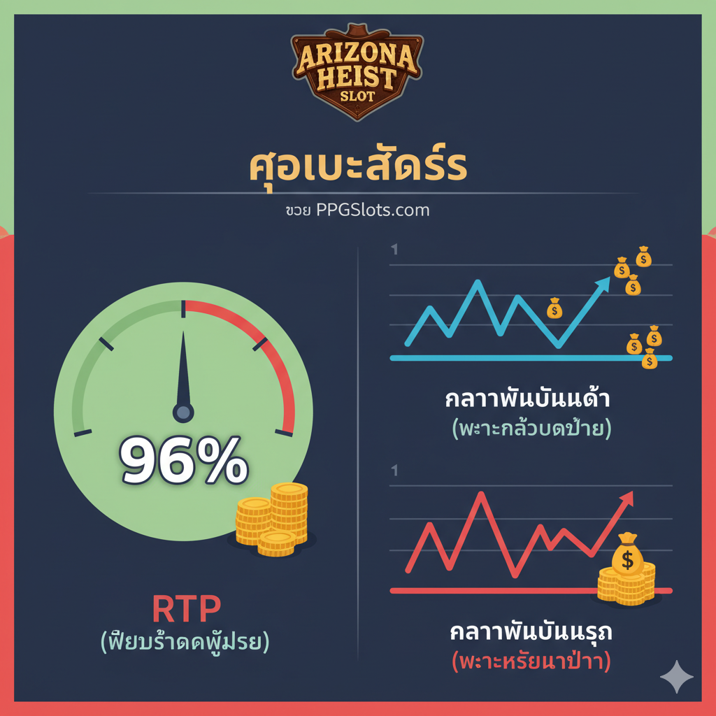 教程指导图，用于解释RTP和波动性(Volatility)这两个重要概念。图片应包含一个简洁的信息图表风格。色彩使用对比鲜明的红绿色和蓝色。图表分为左右两部分：左侧用一个标有高百分比（如96%）的计量表代表RTP，旁边堆着一小堆金币；右侧用两个不同的线条图表示波动性，一条是平缓波动的线（低波动性）搭配少量但经常出现的金币图标，另一条是剧烈波动的线（高波动性）搭配一个巨大的金币堆，代表大奖。整体构图应简单直观，便于理解复杂的统计概念。