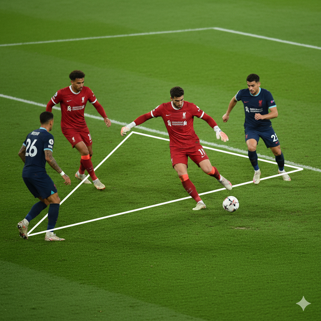 ภาพหน้าปกที่น่าดึงดูดใจในสไตล์การวิเคราะห์ฟุตบอล แสดง Arne Slot ในชุดของลิเวอร์พูลอยู่ทางซ้าย และ Alisson Becker ในชุดผู้รักษาประตูสีเข้มกำลังส่งบอลด้วยเท้าขวาอย่างมั่นใจอยู่ทางขวา ฉากหลังเป็นสนามแอนฟิลด์ที่มีแสงไฟสาดส่องอย่างมีมิติ มีเส้นกราฟิกทางยุทธวิธีสีขาวสว่างเป็นรูปทรงเรขาคณิต (เช่น สามเหลี่ยมการบิวด์อัพ) ลอยอยู่ระหว่างทั้งสองคน เน้นโทนสีแดงดำและขาวเพื่อให้ดูน่าเชื่อถือและดึงดูดความสนใจจากผู้อ่านที่สนใจการวิเคราะห์เชิงลึก