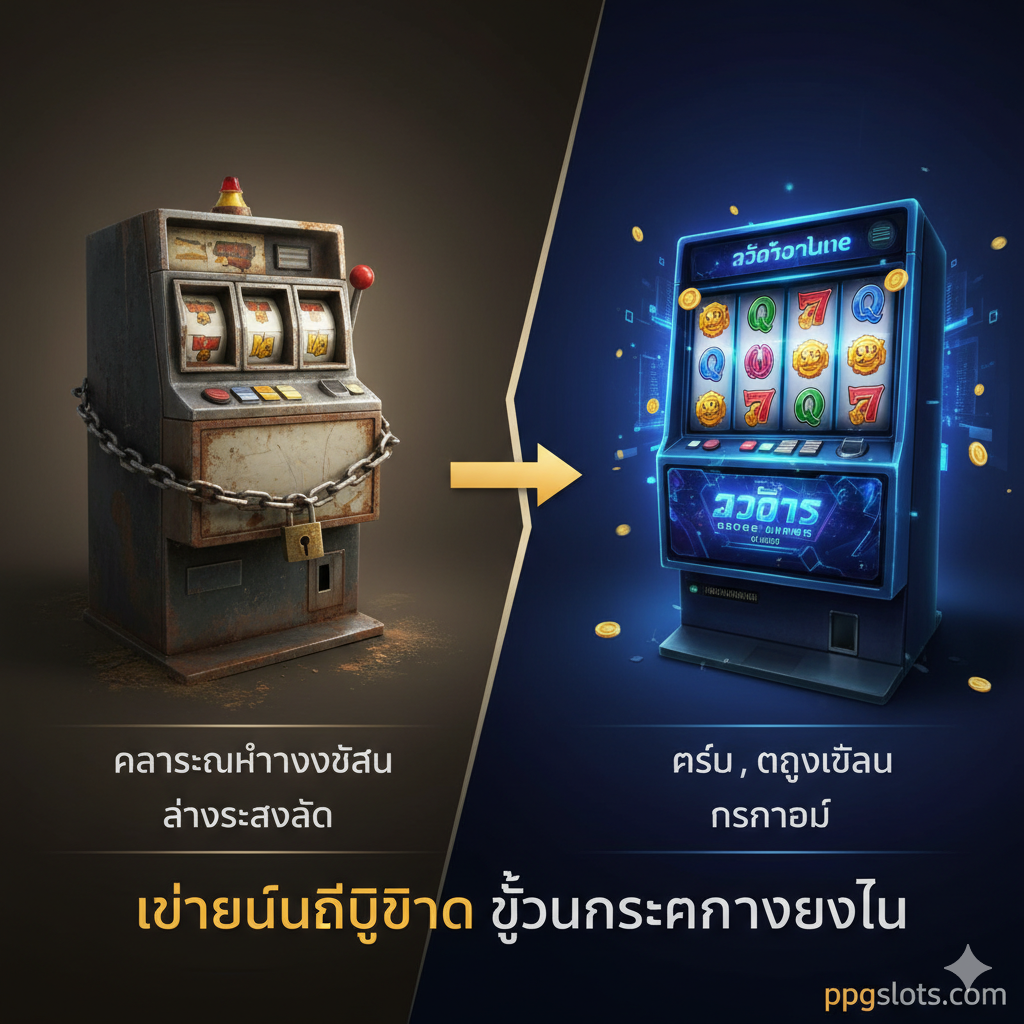 ภาพสรุปและ Call to Action สำหรับผู้อ่านของ ppgslots.com ภาพควรเป็นการสรุปว่า 'ออนไลน์คือทางออกที่ดีที่สุด' แสดงภาพเส้นทางที่ชัดเจนและปลอดภัย (Green Path) จากเครื่องสล็อตจริงที่ดูมีอุปสรรค (Blocked or Red Barrier) ไปสู่หน้าจอคอมพิวเตอร์หรือมือถือที่มีแสงสว่างและดูน่าตื่นเต้น (Exciting Online Casino Interface) โทนสีควรเน้นสีเขียวและสีทองเพื่อสื่อถึง 'ความปลอดภัย' และ 'ชัยชนะ' มีปุ่มหรือข้อความ Call to Action ที่โดดเด่น เช่น 'Play Safe Online Slots Now' หรือ 'Best Online Casino List' เพื่อกระตุ้นให้คลิก