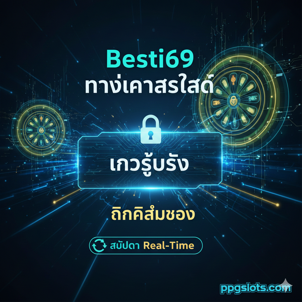 一张醒目的封面图,主题是“Besti69 ทางเข้าล่าสุด”และ“ลิงก์สำรอง”强调实时更新(อัปเดต Real-Time)。设计风格应采用高科技、ดิจิทัล的感觉,ใช้深蓝色และ电光绿/金色的配色,营造出安全、快速的视觉效果。核心元素是一个巨大的、带有锁图标的“เข้าสู่ระบบ”按钮,背景是闪烁的抽象数据流或老虎机图案。在角落放置“ppgslots.com”的小Logo,强调其作为可靠链接中心的地位。整体构图突出入口的快捷和安全性。