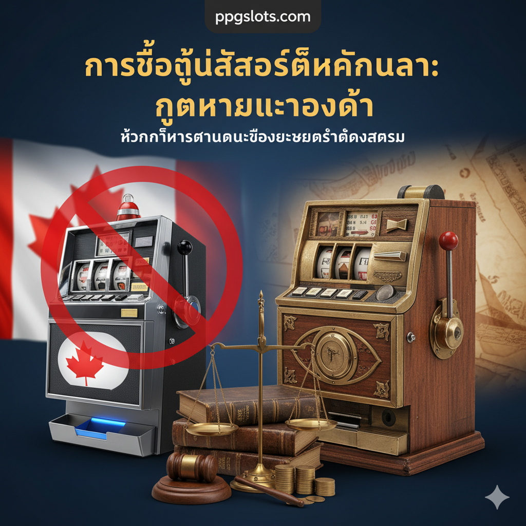 ภาพหน้าปกที่ดึงดูดความสนใจเกี่ยวกับกฎหมายการครอบครองเครื่องสล็อตในแคนาดา ภาพควรมีโทนสีเข้มและมีแสงสว่างเน้น (Dramatic Lighting) แสดงเครื่องสล็อตแมชชีนจริงแบบคลาสสิก (Physical Slot Machine) วางอยู่ในฉากหลังที่ดูมืดหรือเป็นบ้านที่ธรรมดา แต่มีป้ายสัญลักษณ์ 'ห้ามเข้า' หรือ 'กฎหมาย' ซ้อนทับแบบจางๆ (Subtle Overlay) เพื่อสื่อถึงข้อจำกัดทางกฎหมาย เน้นคำว่า 'CANADA' และ 'LEGAL RESTRICTIONS' ด้วยฟอนต์ที่ดูจริงจังและเป็นทางการ