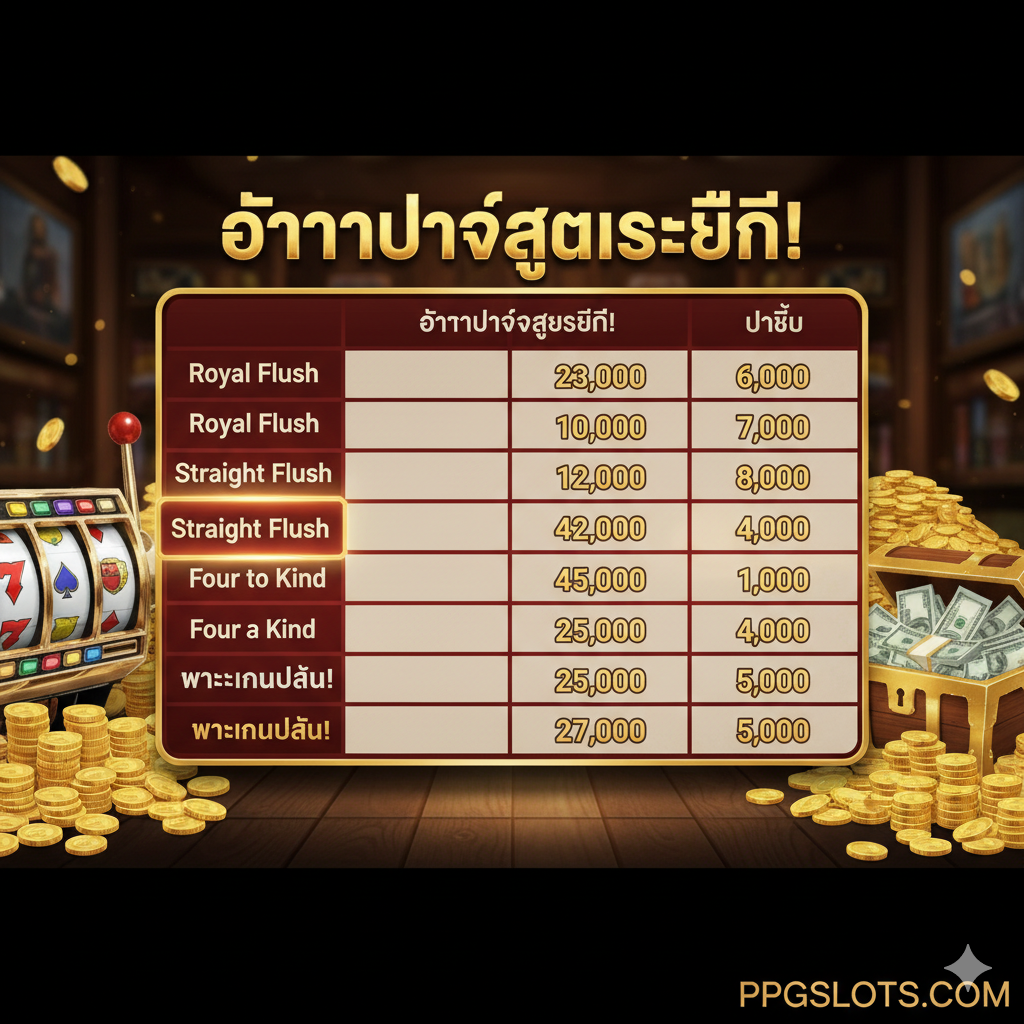 ภาพแสดงข้อได้เปรียบด้านอัตราการจ่าย (Payout) ของเกม เน้นภาพกราฟิกของตารางอัตราการจ่ายที่ไฮไลต์ชุดไพ่ 'Royal Flush' และ 'Straight Flush' ด้วยสีทองหรือสีแดงที่โดดเด่น มีกองเงินหรือเหรียญทองจำนวนมหาศาลอยู่ข้างตารางเพื่อสื่อถึงผลตอบแทนที่คุ้มค่าเมื่อชนะด้วยชุดไพ่ที่แข็งแกร่ง ภาพรวมดูสะอาดตาและเป็นระเบียบ แต่มีองค์ประกอบของความร่ำรวย เพื่อดึงดูดผู้เล่นที่มองหาเกมที่มี High Payout Potential