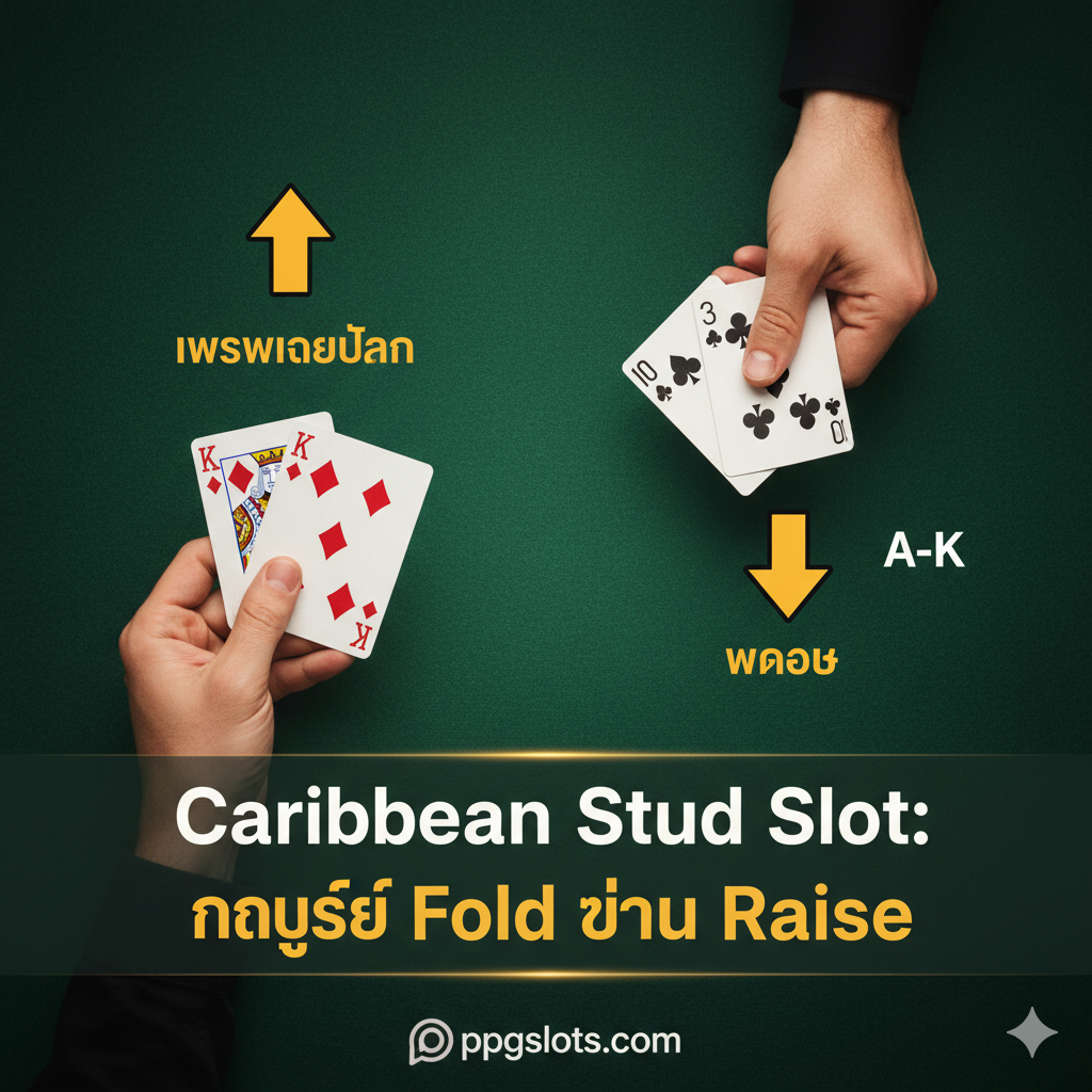 ภาพประกอบคำแนะนำการเล่น เน้นการเปรียบเทียบชุดไพ่สำคัญสำหรับกฎ 'Fold or Raise' โดยแสดงมือของผู้เล่นที่กำลังถือไพ่คู่ (Pair) ที่แข็งแกร่ง (เช่น King Pair) ในด้านหนึ่ง และมืออีกด้านที่ถือไพ่ต่ำกว่า A-K ให้เห็นชัดเจน มีลูกศรชี้ขึ้นและคำว่า 'Raise' (เพิ่มเดิมพัน) สำหรับไพ่คู่ และลูกศรชี้ลงพร้อมคำว่า 'Fold' (หมอบ) สำหรับไพ่ที่ไม่ดี พื้นหลังเป็นลายผ้าสักหลาดสีเขียวของโต๊ะโป๊กเกอร์ เพื่อสื่อถึงขั้นตอนการตัดสินใจที่ง่ายและรวดเร็ว