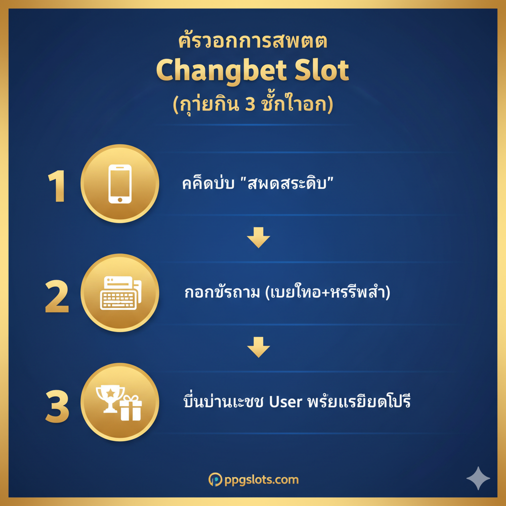 แสดงผังงานหรืออินโฟกราฟิกง่ายๆ 3 ขั้นตอนในการสมัครสมาชิก Changbet Slot: 1. คลิกสมัคร 2. กรอกเบอร์โทรและรหัสผ่าน 3. ยืนยันและรับ User ID พร้อมเครดิตฟรี เน้นความรวดเร็วและง่ายดาย