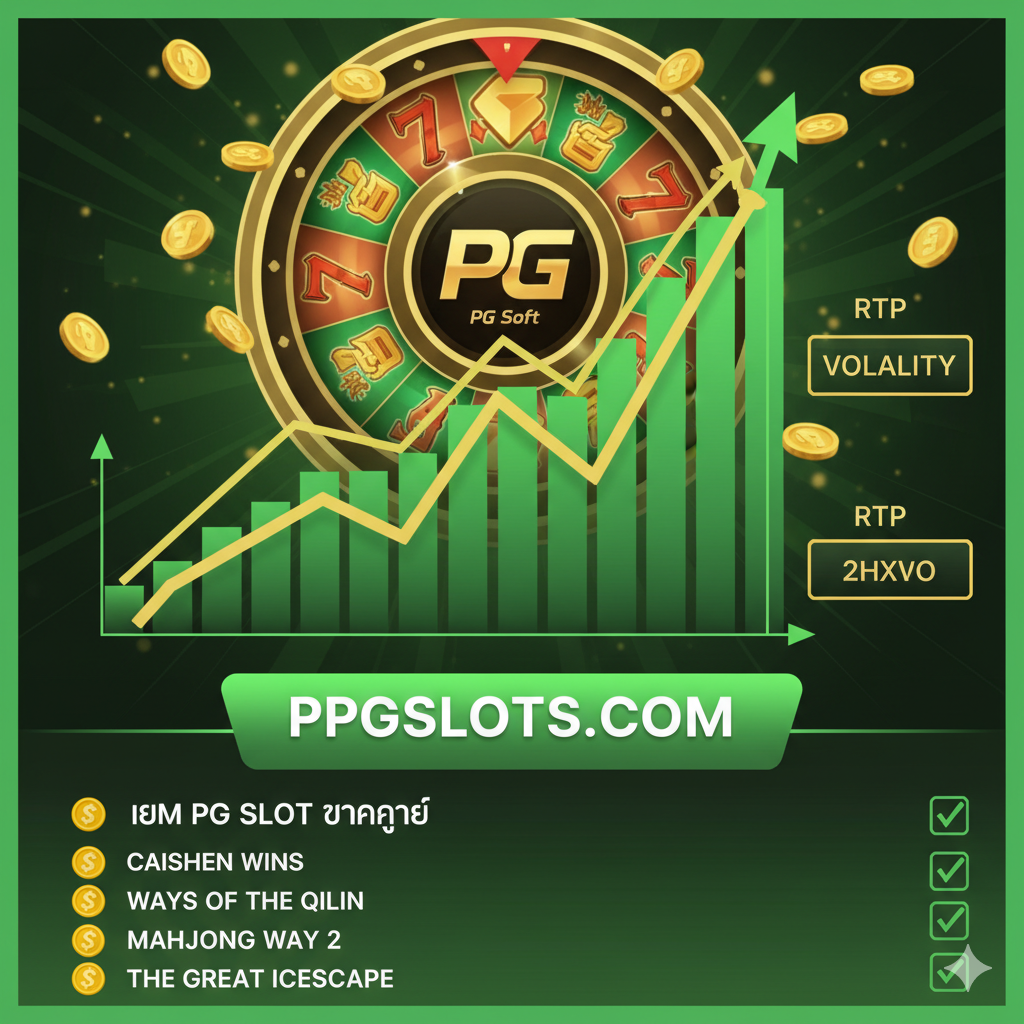 一张总结图，เชื่อมโยง Demo เข้ากับผลกำไร โดยเน้นที่การวิเคราะห์ข้อมูลและความสำเร็จ ภาพหลักคือแผนภูมิแท่ง📈หรือแผนภูมิแท่งที่กำลังสูงขึ้น แสดงถึงการเติบโตของผลกำไร มีไอคอน PG Slot หรือองค์ประกอบเหรียญทองอยู่ข้างแผนภูมิ และมีข้อความเน้นคำศัพท์วิเคราะห์ เช่น 'RTP' และ 'Volatility' ด้านล่างของภาพมีรายการเกม 'PG Slot แตกง่าย' (เช่น Caishen Wins, Ways of the Qilin) เพื่อเป็นคำกระตุ้นการตัดสินใจ องค์ประกอบภาพใช้สไตล์การแสดงข้อมูล โดยใช้สีเขียวและสีทองที่เป็นตัวแทนของความสำเร็จ เพื่อสื่อถึงการได้รับผลตอบแทนสูงผ่านการวิเคราะห์ Demo