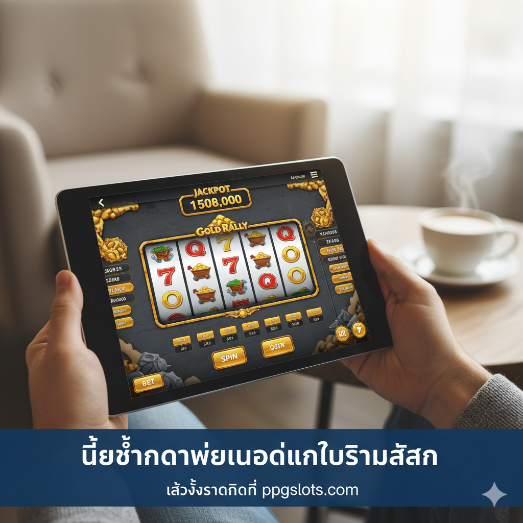 优势特点图,侧重于移动设备上的游戏体验。构图采用一个现代智能手机或平板电脑(模拟iOS和Android界面)正在流畅运行Gold Rally老虎机游戏的画面。背景可以是一个舒适的休闲场景(例如沙发、咖啡馆),暗示随时随地都能玩。图片应强调'ไม่ต้องดาวน์โหลดแอปพลิเคชัน’(无需下载应用程序)和完美的移动兼容性,展示清晰、响应迅速的游戏界面,突出ppgslots平台的便捷和快速访问优势。