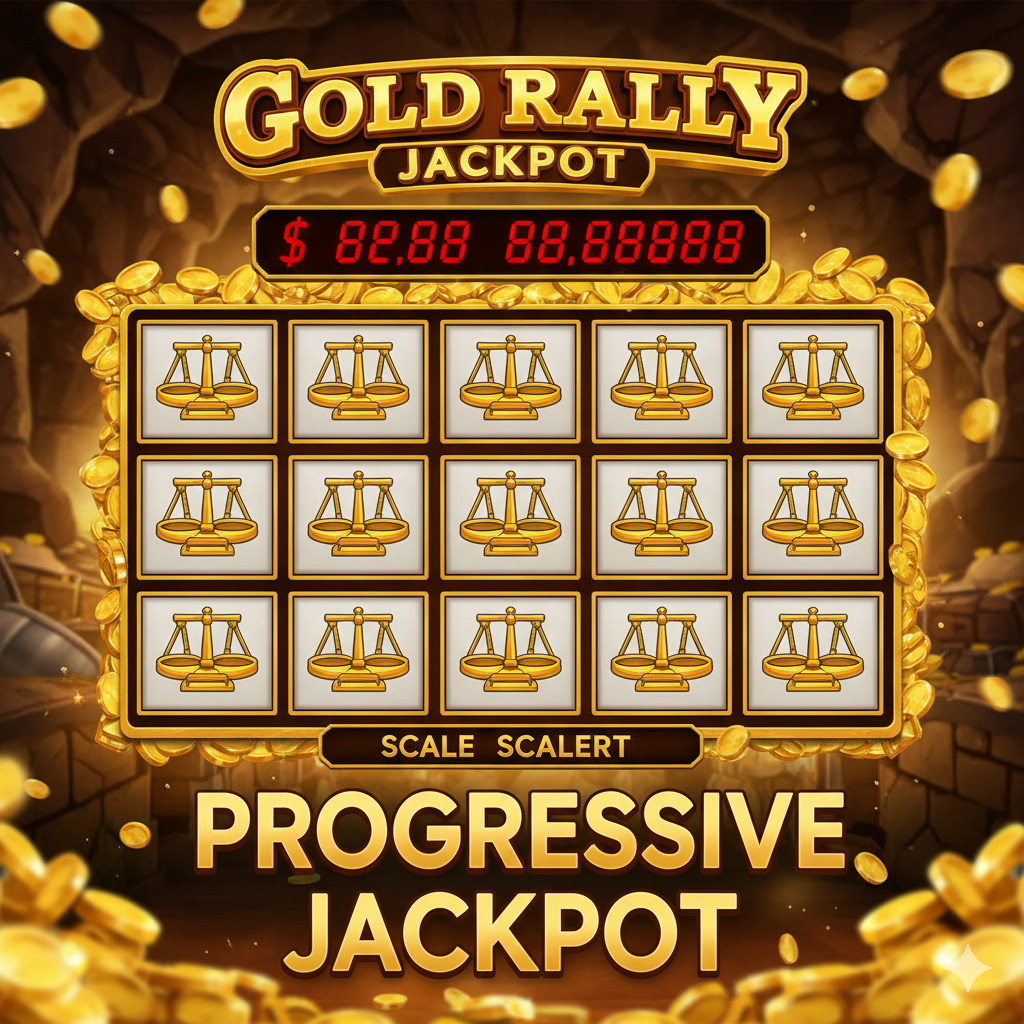 功能特性图,重点突出Progressive Jackpot机制。画面中央是一个巨大的、不断滚动的Progressive Jackpot金额显示屏,周围环绕着Gold Rally老虎机的9个小窗口。关键视觉元素是9个Scales(金秤)Scatter符号在所有窗口中同时出现,象征着赢得大奖的瞬间。色彩对比鲜明,Jackpot数字使用醒目的红色或金色,背景是充满金币和财富的矿洞,强调高额奖金和'Progressive Jackpot'的吸引力。