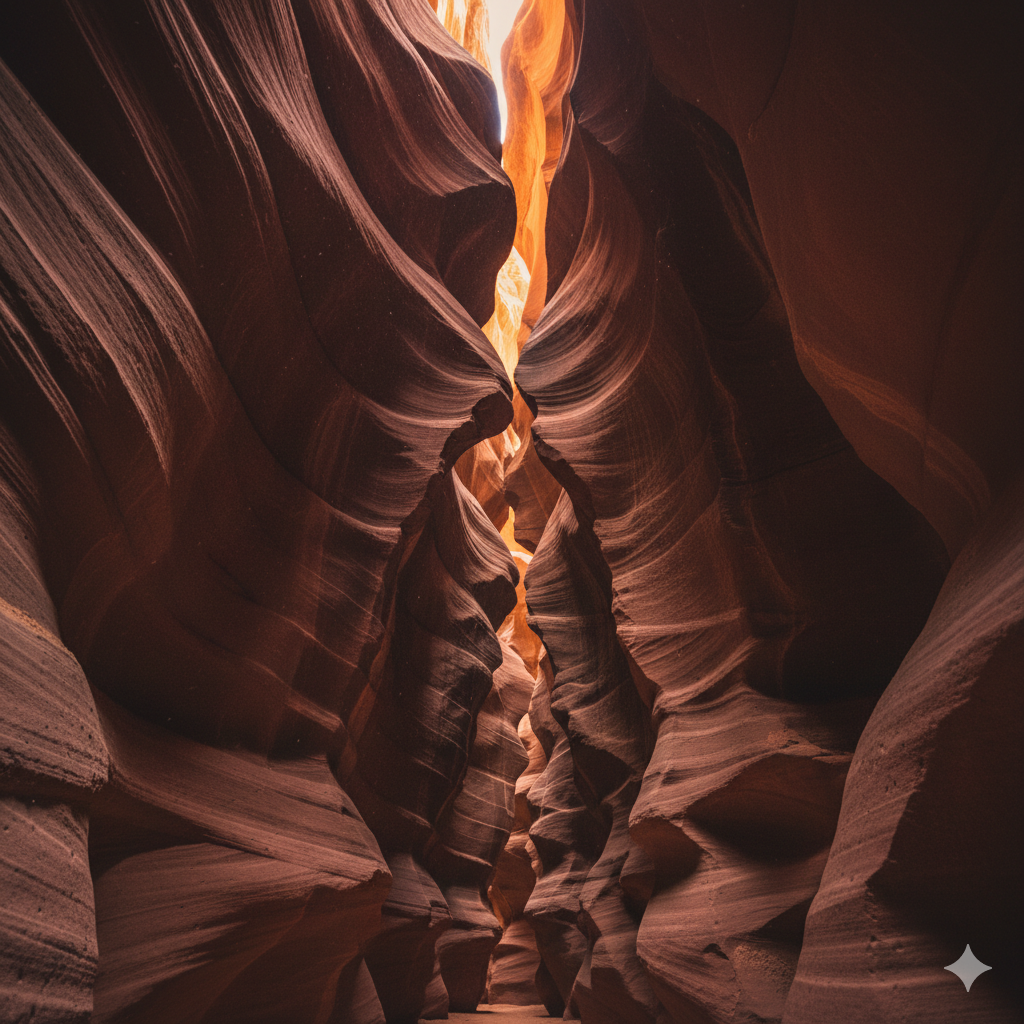 A highly claustrophobic, narrow interior view of Spooky Gulch Slot Canyon that clearly illustrates its 'feature' of extreme narrowness. The photo is taken from a low angle, looking up a winding, dark passage where the canyon walls almost touch, showing a section so narrow that a person must turn sideways to pass. The sandstone walls are smooth and dark, with very little light reaching the floor, requiring a headlamp (which can be subtly shown on the wall). The color palette is dark brown and gray, emphasizing the confined space and the challenging nature of the hike, highlighting the unique geological feature formed by flash floods.