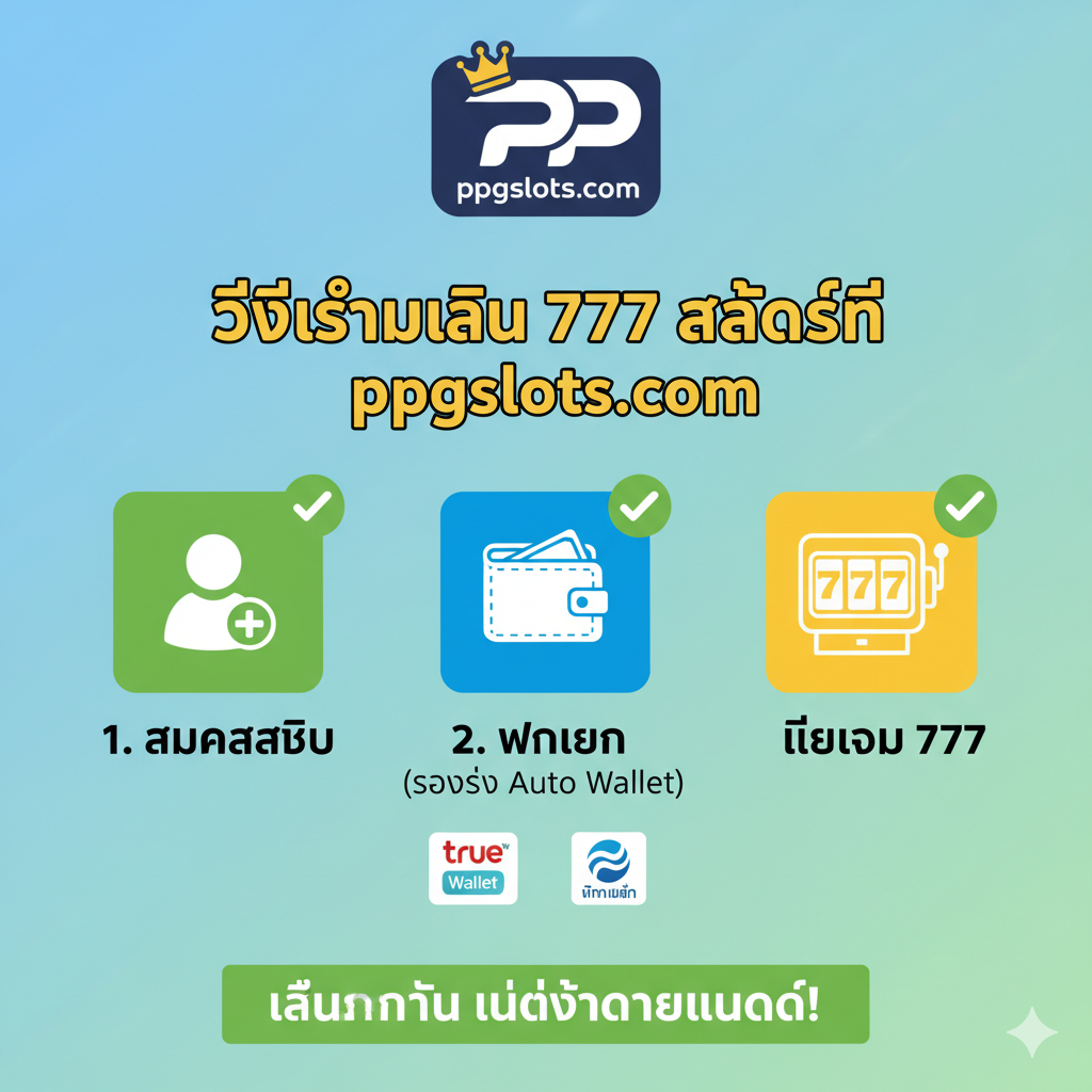 一张清晰的3步教程指南，展示了在ppgslots.com上开始游戏的简便性。步骤1：显示“สมัคร”（注册）图标；步骤2：显示“ฝากเงิน”（存款）图标，并带有True Wallet和泰国银行标志，突出“Auto Wallet”系统；步骤3：显示“เลือกเกม 777”（选择777游戏）图标，并显示老虎机图案。整个设计简洁、友好，使用绿色对勾和明亮的色彩（绿色、蓝色），并带有ppgslots.com的标志，传达出“即时玩，无需下载”的核心信息。