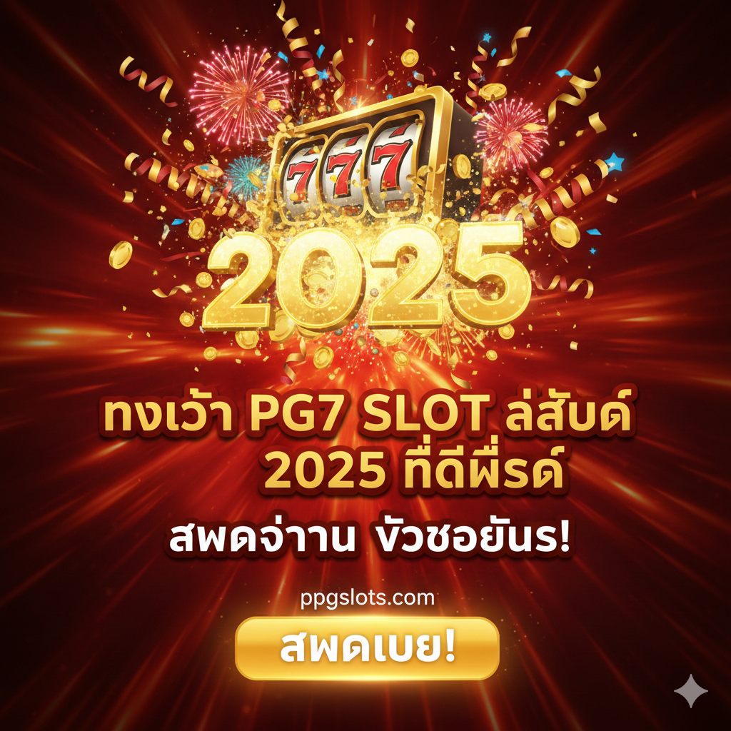 一张作为文章结尾的总结和行动号召图片。画面融合了老虎机、胜利的庆祝（如彩带、礼花）和日期“2025”的元素。主体文字简洁有力，如“ทางเข้า PG7 SLOT ล่าสุด 2025 ที่ดีที่สุด”和“สมัครวันนี้ รับโบนัส!”。构图可以是一个倾斜的、充满动感的视角，将用户的视线引向底部的行动按钮区域（可虚拟化）。整体色彩应充满活力，使用红色、金色和高饱和度的颜色，激发用户立即点击注册的欲望。