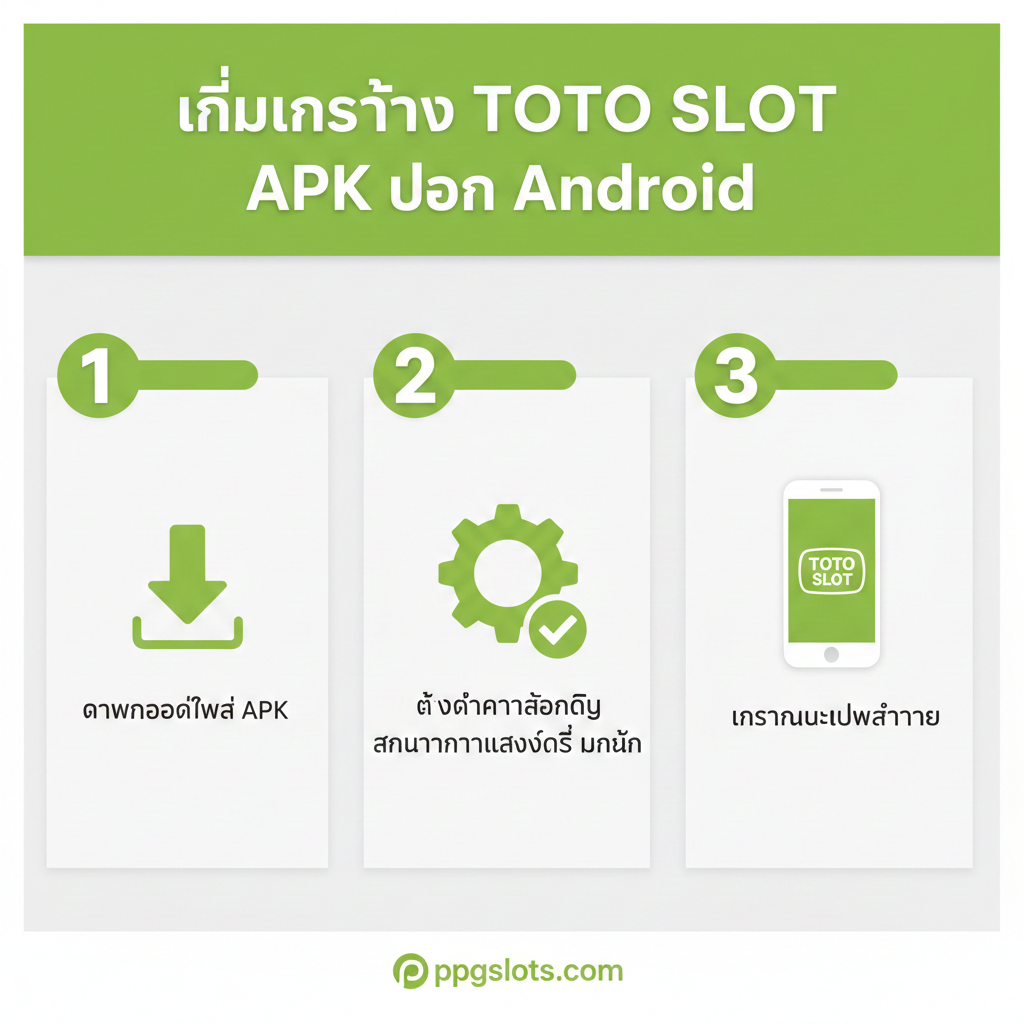 ภาพกราฟิกแบบ Infographic ที่เรียบง่ายและเป็นขั้นตอน (Step-by-Step) สำหรับการติดตั้ง Toto Slot APK บน Android แสดง 3 ขั้นตอนหลักอย่างชัดเจน: 1. ไอคอน 'ดาวน์โหลด' (ลูกศรชี้ลง) 2. ไอคอน 'การตั้งค่า/ความปลอดภัย' (เฟือง ⚙️) พร้อมข้อความ 'อนุญาตจากแหล่งที่ไม่รู้จัก' 3. ไอคอน 'ติดตั้ง/เสร็จสิ้น' (โทรศัพท์มือถือ 📱 ที่มีแอปฯ ใหม่) ใช้โทนสีเขียว-ขาวเพื่อความสบายตาและดูเป็นมิตร มีตัวเลข 1, 2, 3 ขนาดใหญ่กำกับแต่ละขั้นตอนอย่างชัดเจน เหมาะสำหรับวางไว้ในส่วน 'วิธีติดตั้ง'