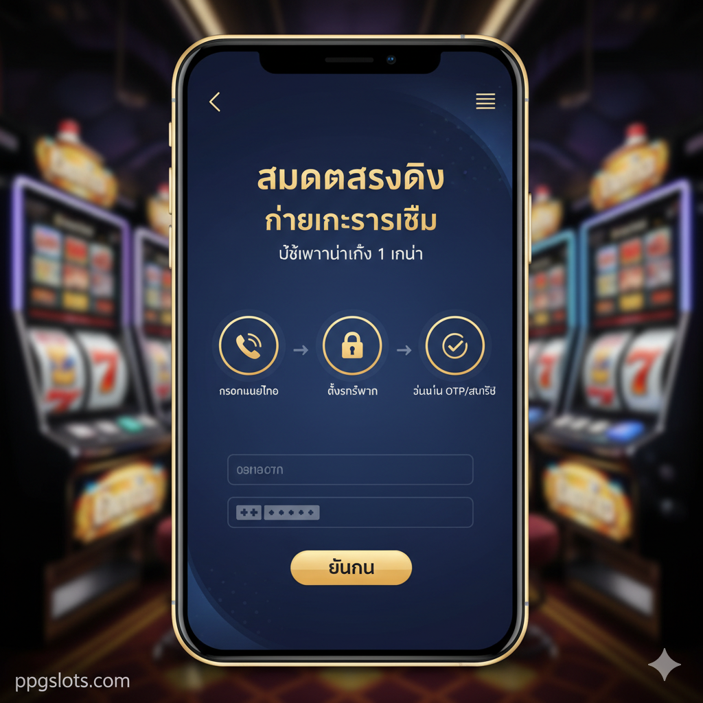 图片旨在展示“สมัครสมาชิก”的简易流程。采用移动优先（Mobile-first）的视觉设计，展示一个放大的智能手机屏幕。屏幕中央用三个简洁的步骤图标（1. กรอกเบอร์โทร, 2. ตั้งรหัสผ่าน, 3. ยืนยัน OTP/สำเร็จ）来概括注册过程。背景可以是一个模糊的、带有老虎机界面的场景，焦点集中在注册流程的清晰展示上。使用箭头或数字来引导用户视线，强调过程的“ง่ายและรวดเร็ว” (ง่ายและใช้เวลาไม่ถึง 1 นาที)。色彩使用平台的主题色，保持专业和易懂的风格。
