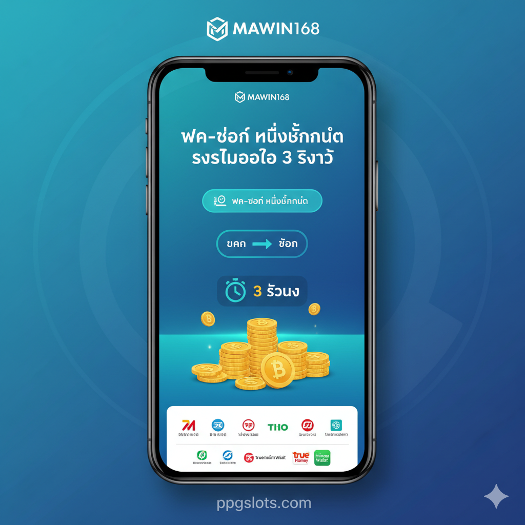 ภาพคุณสมบัติเน้น “ฝาก-ถอน ไม่มีขั้นต่ำ” และ “ระบบออโต้ 3 วินาที” ควรใช้การออกแบบส่วนต่อประสานผู้ใช้ที่เรียบง่ายและมีประสิทธิภาพ โดยมีสีฟ้าและเขียวเป็นสีหลัก ซึ่งเป็นสัญลักษณ์ของความเร็วและเงิน ตรงกลางของภาพคือหน้าจอมือถือที่แสดงกระบวนการธุรกรรม “ฝาก” และ “ถอน” ที่รวดเร็ว พร้อมไอคอนจับเวลา (3 seconds) และเหรียญหรือธนบัตรซ้อนกัน (สัญลักษณ์เงินบาท ฿) ด้านล่างแสดงวิธีการชำระเงินที่รองรับด้วยไอคอนเล็กๆ รวมถึงธนาคารและ “True Money Wallet” ภาพรวมเน้นความเป็น ระบบอัตโนมัติ และ ความเร็ว ของการดำเนินการ