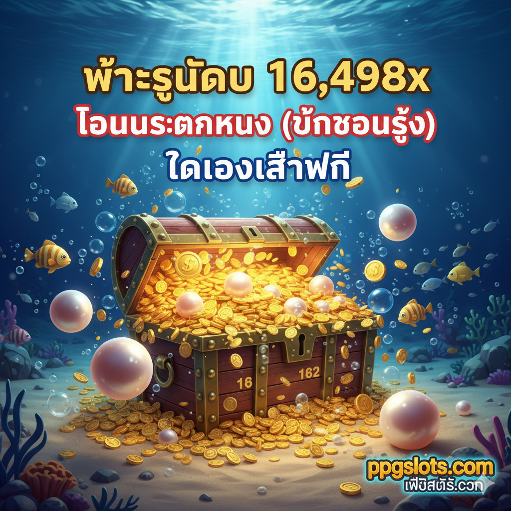 一张突出游戏优势的宣传图。主要视觉元素是一个从海底宝箱中溢出的、装满金币和珍珠的巨大宝藏。使用醒目的泰语大号字体叠加显示关键优势：“ชนะสูงสุด 16,498x”（最高赢取16,498倍），“โบนัสแตกหนัก (ผันผวนสูง)”（高波动性 - 巨额奖金），以及“ทดลองเล่นฟรี”（免费试玩）。ppgslots.com 的徽标应清晰可见，以强调这是在该网站的优势。