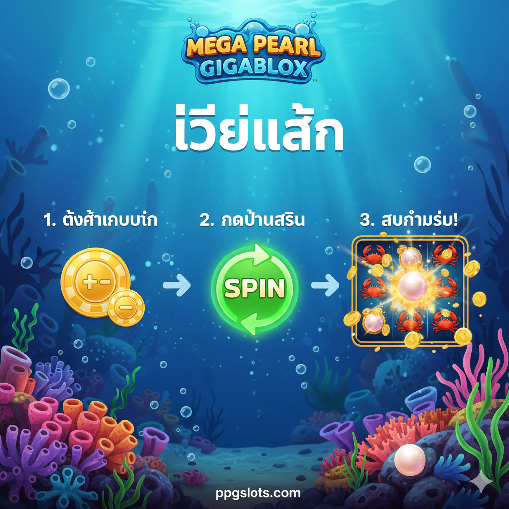 一张“如何玩 Mega Pearl Gigablox”的3步骤信息图。背景采用游戏的海底主题。步骤1：显示一个筹码或+/-按钮的图标，并配有泰语文字“1. ตั้งค่าเดิมพัน”（设置赌注）。步骤2：显示游戏UI中的巨大“旋转”按钮，并配有文字“2. กดปุ่มสปิน”（按下旋转）。步骤3：显示一条获胜支付线（例如3个螃蟹符号），周围有金币爆炸，并配有文字“3. รับรางวัล!”（赢得奖赏）。整体设计简洁明了，易于新玩家理解。