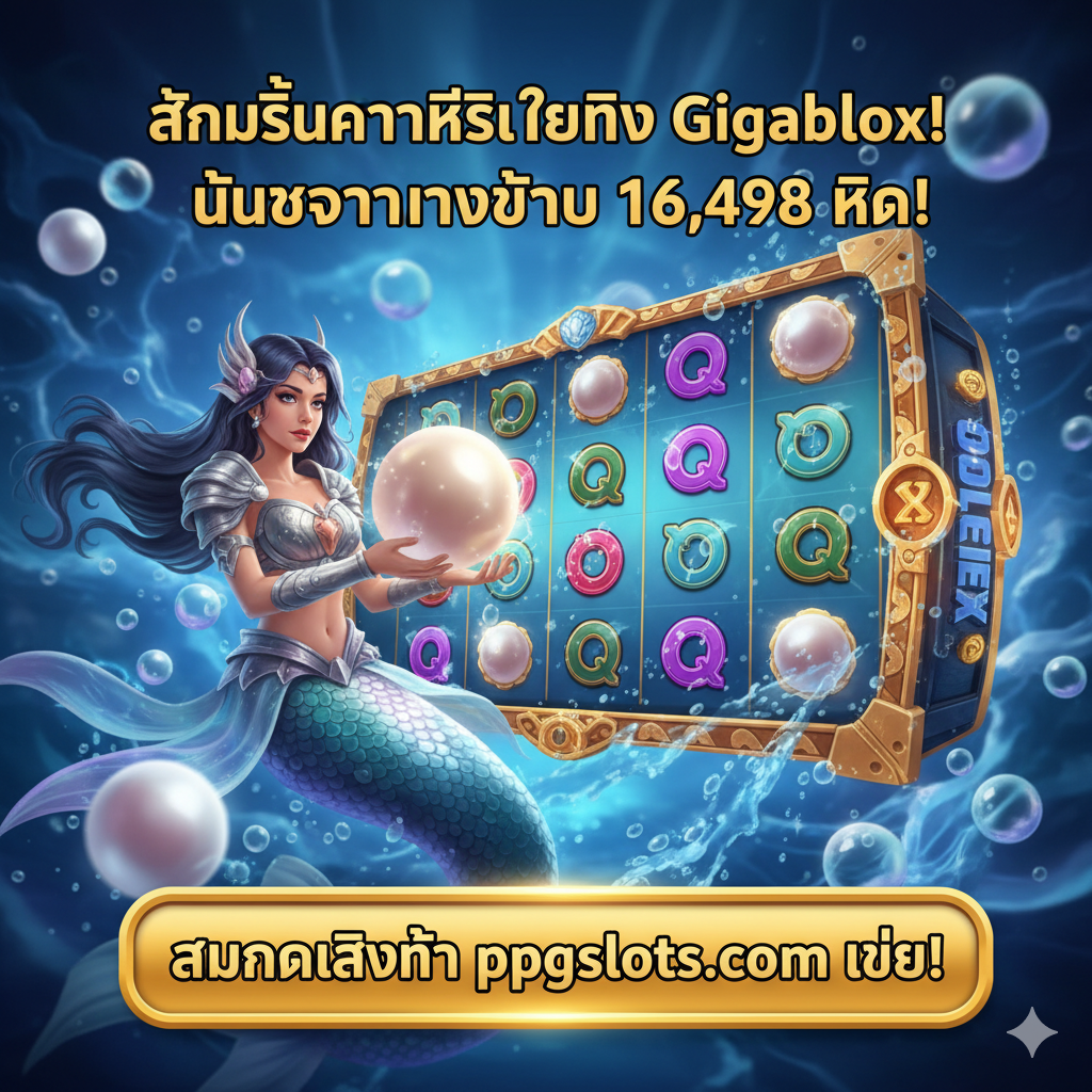 用于文章总结和号召性用语（CTA）的图片。可以展示游戏中的主要角色（如美人鱼或海洋女神）或一个精美的转轴截图。图片包含简短的总结性文字，如“体验Gigablox的刺激！”或“赢取16,498倍大奖！”。最重要的元素是一个巨大且吸引人的CTA按钮（例如金色或红色），上面写着“สมัครเล่นที่ ppgslots.com เลย!”（立即在 ppgslots.com 注册！），以激励读者采取行动。