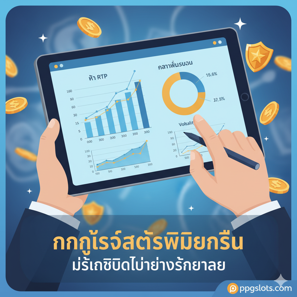 ภาพประกอบส่วนกลยุทธ์และการใช้ 'เครดิตฟรี' แสดงภาพมือที่กำลังวางแผนหรือวิเคราะห์ข้อมูลบนแท็บเล็ตหรือหน้าจอคอมพิวเตอร์ โดยมีกราฟแท่งหรือแผนภูมิวงกลมที่แสดงค่า RTP (Return to Player) และ Volatility (ความผันผวน) อยู่บนจอ ในฉากหลังควรมีภาพเหรียญทองหรือสัญลักษณ์ของแจ็กพอตเล็กน้อย สื่อถึงการวางเดิมพันอย่างมีหลักการ (Strategy) ใช้โทนสีฟ้าอ่อนและสีส้ม/ทอง เพื่อสร้างความรู้สึกของความรู้และการตัดสินใจที่ชาญฉลาด