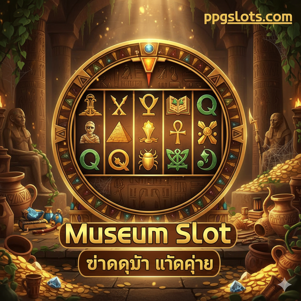 ภาพปกแนวแฟนตาซีผจญภัยในธีมโบราณคดีและพิพิธภัณฑ์ แสดงให้เห็นถึงขุมสมบัติที่ถูกค้นพบในห้องโถงวิหารอียิปต์โบราณหรือถ้ำลึกลับ องค์ประกอบหลักคือวงล้อสล็อตขนาดใหญ่ที่ประดับด้วยสัญลักษณ์ทองคำ (มัมมี่, พีระมิด, หนังสือโบราณ) มีแสงไฟส่องสว่างลงมาจากด้านบน เน้นโทนสีทองและน้ำตาลเข้มเพื่อสื่อถึงความลึกลับและความร่ำรวย จัดวางโลโก้ ppgslots.com อย่างเด่นชัดมุมใดมุมหนึ่ง พร้อมข้อความไฮไลต์ 'Museum Slot แตกง่าย' ในสไตล์ฟอนต์อียิปต์หรือโบราณ