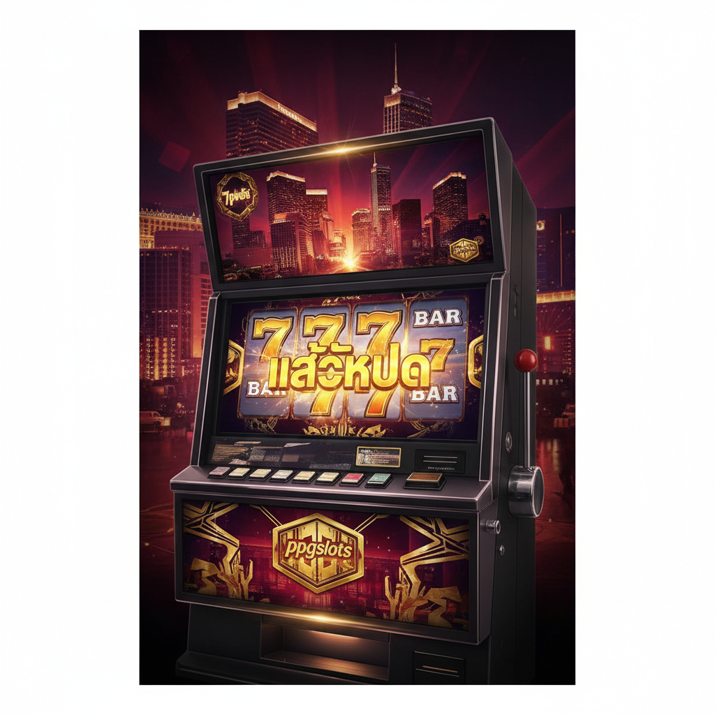 一张吸引眼 глаз 的封面图，主题为'online slot vegas'。主视觉应是高品质的 老虎机 屏幕，屏幕上显示着闪耀的'777'、'BAR'或巨大的 Jackpot 符号，周围环绕着 ppgslots 的品牌元素（如若有）。背景采用 拉斯维加ส 夜景的抽象化处理，灯光璀璨、金碧辉煌，色彩以金色、深红色และ紫色为主，营造出 豪华、VIP 的赌场氛围。构图上，老虎机居中，光芒四射，突出'Vegas Luxury'的高端感。