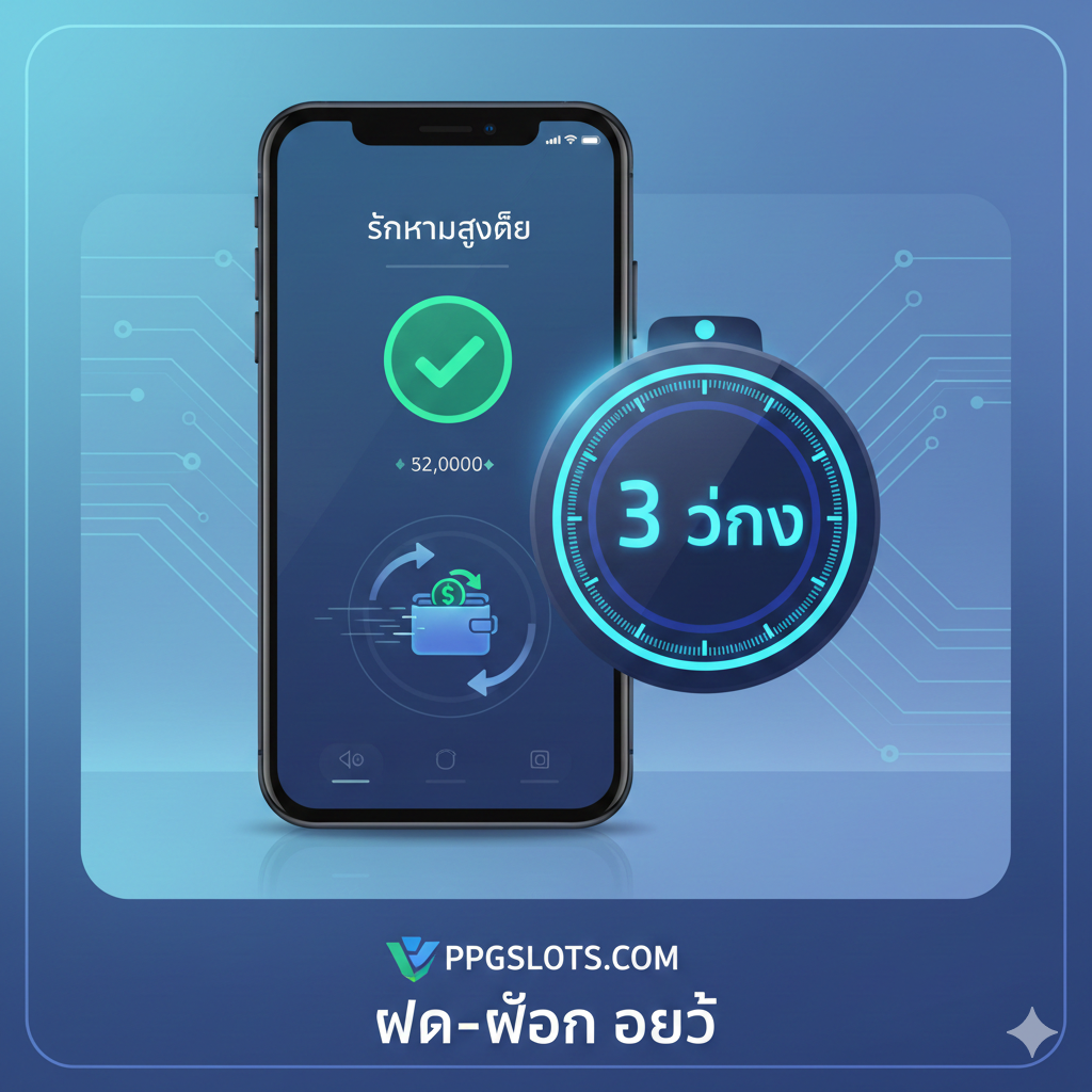 ภาพแสดงฟีเจอร์ระบบฝาก-ถอน Auto ใน 3 วินาที เน้นความเร็วและเทคโนโลยีสมัยใหม่ ภาพมีองค์ประกอบของสมาร์ทโฟนที่กำลังแสดงหน้าจอธุรกรรมที่สำเร็จ (Success Transaction) โดยมีนาฬิกาจับเวลาดิจิทัลขนาดใหญ่ด้านข้างที่แสดงตัวเลข '3 วินาที' เป็นภาษาไทย เน้นโทนสีฟ้าอ่อนและสีน้ำเงินเข้มเพื่อสื่อถึงความน่าเชื่อถือและความรวดเร็ว จัดวางองค์ประกอบแบบมินิมอลแต่สื่อสารชัดเจน โดยมีไอคอนลูกศรเงินไหลเข้าออกอย่างรวดเร็ว
