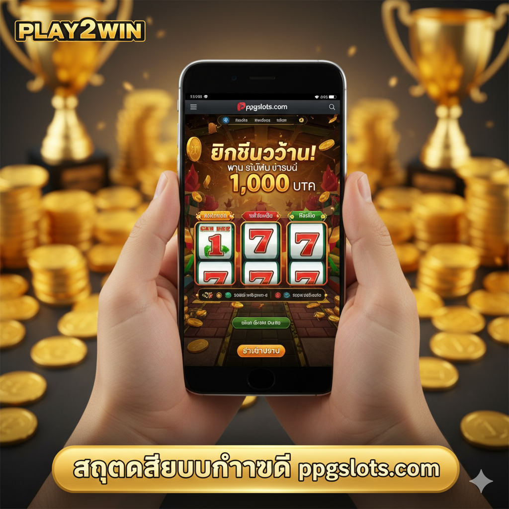 一张总结性图片,强化“Play to Win”和“赢得真钱”的概念。图片展示一个玩家手中拿着手机,手机屏幕上是 ppgslots.com 的游戏胜利界面,显示“恭喜!赢得 10,000 泰铢”。背景是大量金币和奖杯,营造出成功的氛围。图片的下方有一个醒目的“立即在 ppgslots.com 注册”的按钮样式(非实际按钮),作为强烈的行动号召。