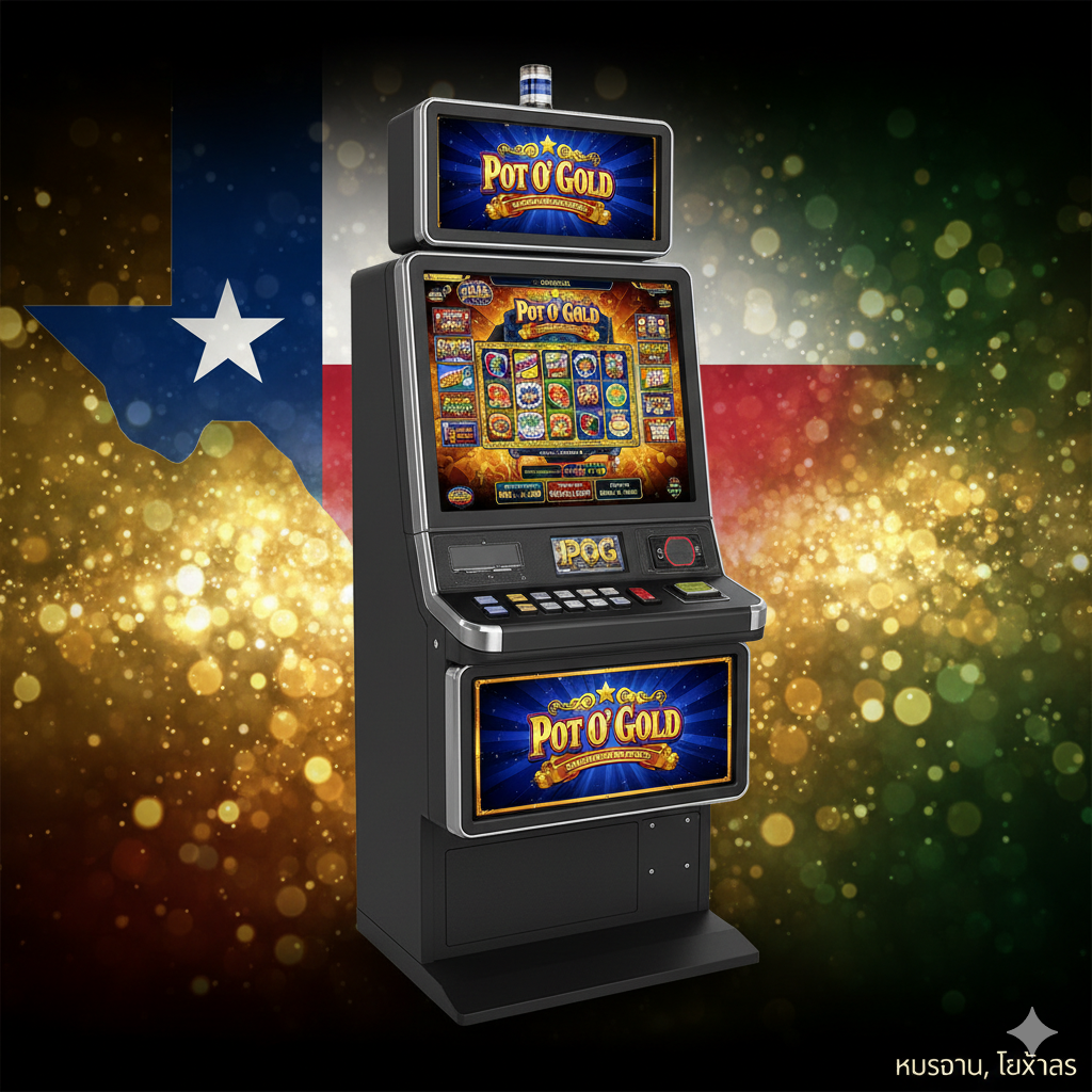 ภาพหน้าปกที่มีความทันสมัยและดึงดูดสายตา: แสดงภาพระยะใกล้ (Close-up) ของตู้เกมสล็อต Pot O Gold (POG) รุ่น 510C หรือ 580 โดยเน้นที่หน้าจอสัมผัสที่มีแสงสว่างสดใส (เกมสล็อตกำลังหมุนหรือหน้าจอเมนู) และมีมือของช่างเทคนิคที่สวมถุงมือกำลังแตะหน้าจอหรือกำลังซ่อมแซมแผงวงจรด้านใน (เน้นความเชี่ยวชาญ) ฉากหลังเป็นแบบเบลอ (Bokeh) หรือเป็นภาพเงาของเส้นขอบฟ้าเมืองฮิวสตัน (Houston Skyline) ในโทนสีน้ำเงิน/ทอง เพื่อสื่อถึงสถานที่ตั้งและบริการระดับมืออาชีพ ใช้โทนสีเข้ม-สว่างตัดกันเพื่อเน้นความสำคัญของเครื่องเกม