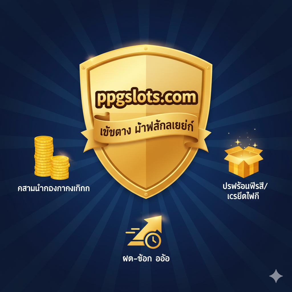 突出ppgslots.com作为官方入口的优势图。核心视觉是一个巨大的金色盾牌，上面刻有'ppgslots.com'和'เว็บตรง ไม่ผ่านเอเย่นต์'。盾牌周围环绕着几个象征优势的小图标：一叠金币（ความมั่นคงทางการเงิน）、一个礼盒（โปรโมชั่นพิเศษ/เครดิตฟรี）、一个快速箭头（ฝาก-ถอน ออโต้）。整体风格大气、可信赖，采用金色、深蓝和白色，强调安全和财富。构图应将盾牌置于中心，形成信任的焦点。