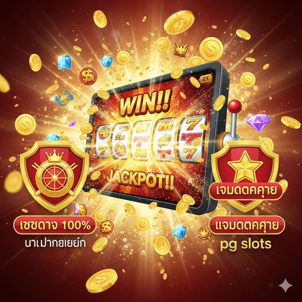 Platform advantage, 'เว็บตรง 100%' & 'เกมแตกง่าย', large 'JACKPOT' screen, gold coins, shield with 'เว็บตรง ไม่ผ่านเอเย่นต์'