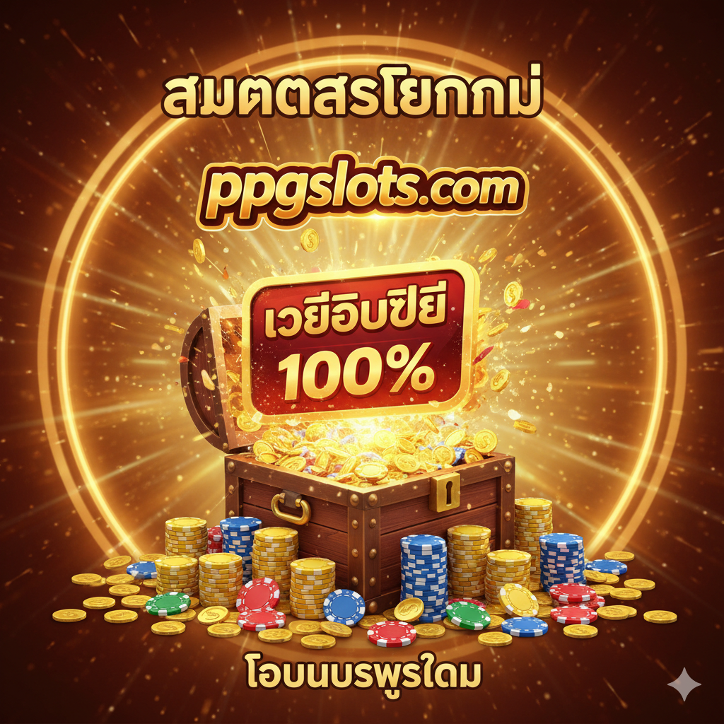 优势图重点突出“สมัครสมาชิกใหม่ (新会员注册)”และ“โบนัสสูงสุด (最高奖金)”。构图中心是一个巨大的、堆满筹码和金币的宝箱,宝箱上方有一个醒目的ppgslots.com的Logo或品牌色调。一个巨大的100%或เครดิตฟรี (免费信用额度)标志以爆炸效果从宝箱中弹出。风格应是庆祝性和奖励性的,采用暖色调如金色、橙色和红色。图片应传达出通过ppgslots.com注册即可获得最大化利益的独家优势。