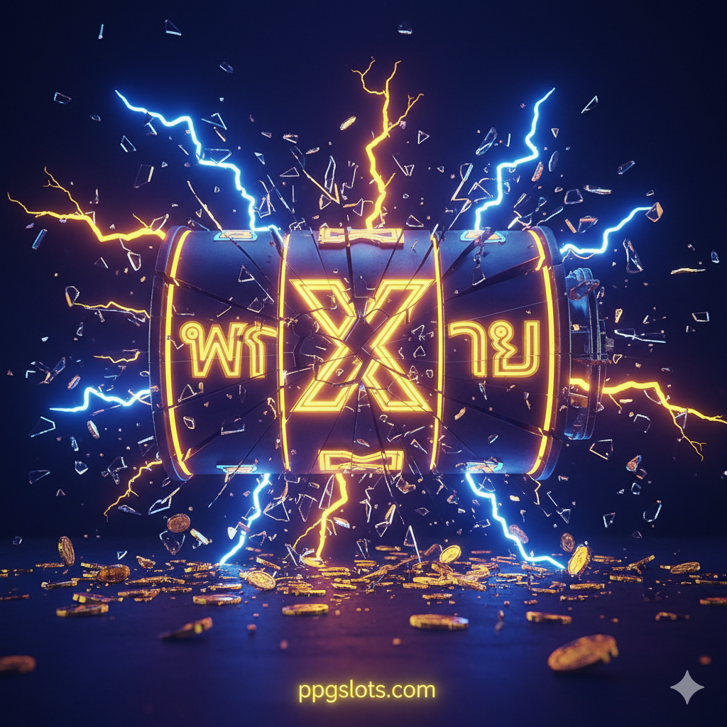 一张醒목的封面图片，主题是'Rungkad Slot คืออะไร?'。风格应为高对比度的霓虹灯光效，使用深蓝色、紫色和亮黄色。主要视觉元素是一个巨大的、破碎的、裂开的สล็อตแมชชีน (老虎机) 卷轴，卷轴上显示着'LOSE'หรือ一个破碎的图标，象征着'Rungkad' (พังทลาย)。背景可以有零散的金色硬币，但大部分是破碎的玻璃和闪电效果。在画面下方小字突出'ppgslots.com'标志，整体感觉既引人注目又带有警告意味。