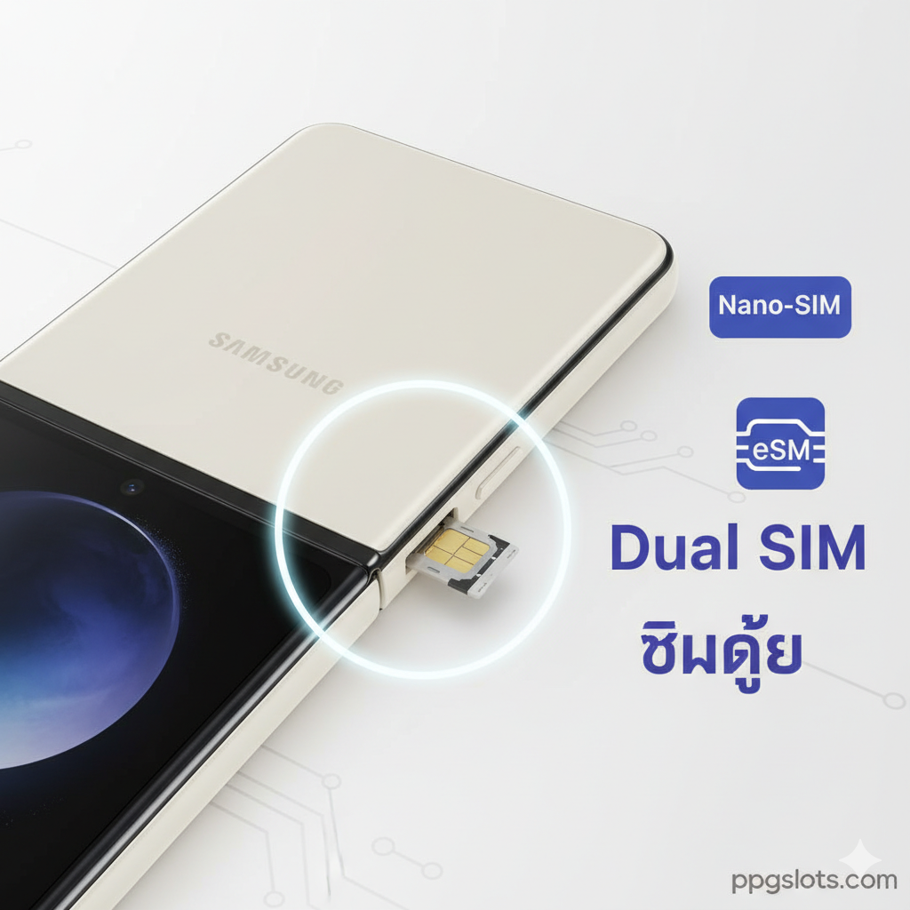 ภาพหน้าปกที่ดึงดูดสายตาสำหรับเว็บไซต์ ppgslots.com เน้นที่ Samsung Galaxy Z Flip (รุ่นล่าสุด เช่น Z Flip 5 สีม่วงหรือครีม) ที่พับอยู่ โดยมีวงกลมสว่างพุ่งออกมาจากด้านข้างของตัวเครื่องไปยังบริเวณที่ตั้งของช่องใส่ซิมการ์ด (Sim Card Slot) แสดงให้เห็นถึงรายละเอียดของช่องใส่ซิมและถาดซิมที่โผล่ออกมาเล็กน้อยอย่างชัดเจน มีไอคอน Nano-SIM และไอคอน eSIM ลอยอยู่ใกล้ๆ ในโทนสีน้ำเงิน-ม่วง เน้นย้ำคำว่า 'Dual SIM' ภาพควรมีพื้นหลังสีอ่อนสว่างหรือเป็นโทนสีเทคโนโลยีสะอาดตาเพื่อให้ดูน่าเชื่อถือและทันสมัย