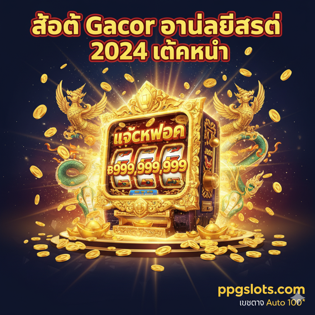 一张醒目的封面图，主题为'สล็อต Gacor ออนไลน์ล่าสุด 2024 แตกหนัก' (Slot Gacor Online Terbaru 2024 Big Win)。画面中央应有一个巨大的、闪耀着金色光芒的老虎机（Slot Machine），屏幕上显示着'JACKPOT'的字样和高额奖金的数字。周围环绕ด้วย泰国风格的财富符号和飞舞的金色硬币。整体色调采用高饱和度的金色、红色和深蓝色，营造出奢华、刺激和胜利的氛围。ใน底部或角落不突兀地展示'ppgslots.com'的标志，强调'เว็บตรง Auto 100%'的可靠性。