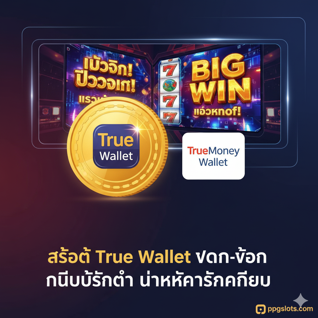 一个引人注目の封面图，主色调应为ppgslots.com可能使用的鲜亮色（如金色、红色或深蓝），风格现代且高端。核心元素是：一个带有'True Wallet'标志的金色或闪亮硬币（象征无扣费），旁边是一个泰铢符号（฿）或TrueMoney Wallet的Logo。背景是动态的老虎机（Slot Machine）屏幕，展示着'BIG WIN'或'Jackpot'的字样。图片底部用显眼泰文标语强调'สล็อต True Wallet ฝาก-ถอน ไม่มีขั้นต่ำ ไม่หักค่าธรรมเนียม'（斯洛True Wallet存取无最低限额不扣费）。构图上硬币和Logo居中突出，传达出财富和便利的主题。