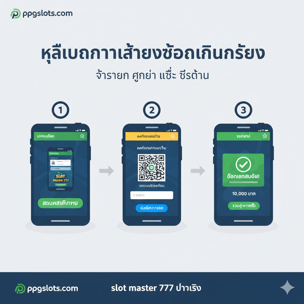 一张简洁明了的步骤教程图，指导用户如何开始游戏并提款。图片采用三步流程图的构图：第一步“Registro”（注册界面），第二步“Depósito via PIX”（带有PIX二维码的存款界面），第三步“Sacar Ganhos”（提款成功的提示框）。每一步都用一个带编号的圆形图标表示，并配以箭头连接。风格应是扁平化设计，使用ppgslots.com的品牌配色，使流程看起来简单、快捷，重点突出“Como Jogar e Garantir Seus Ganhos”和“Passos para Começar”.