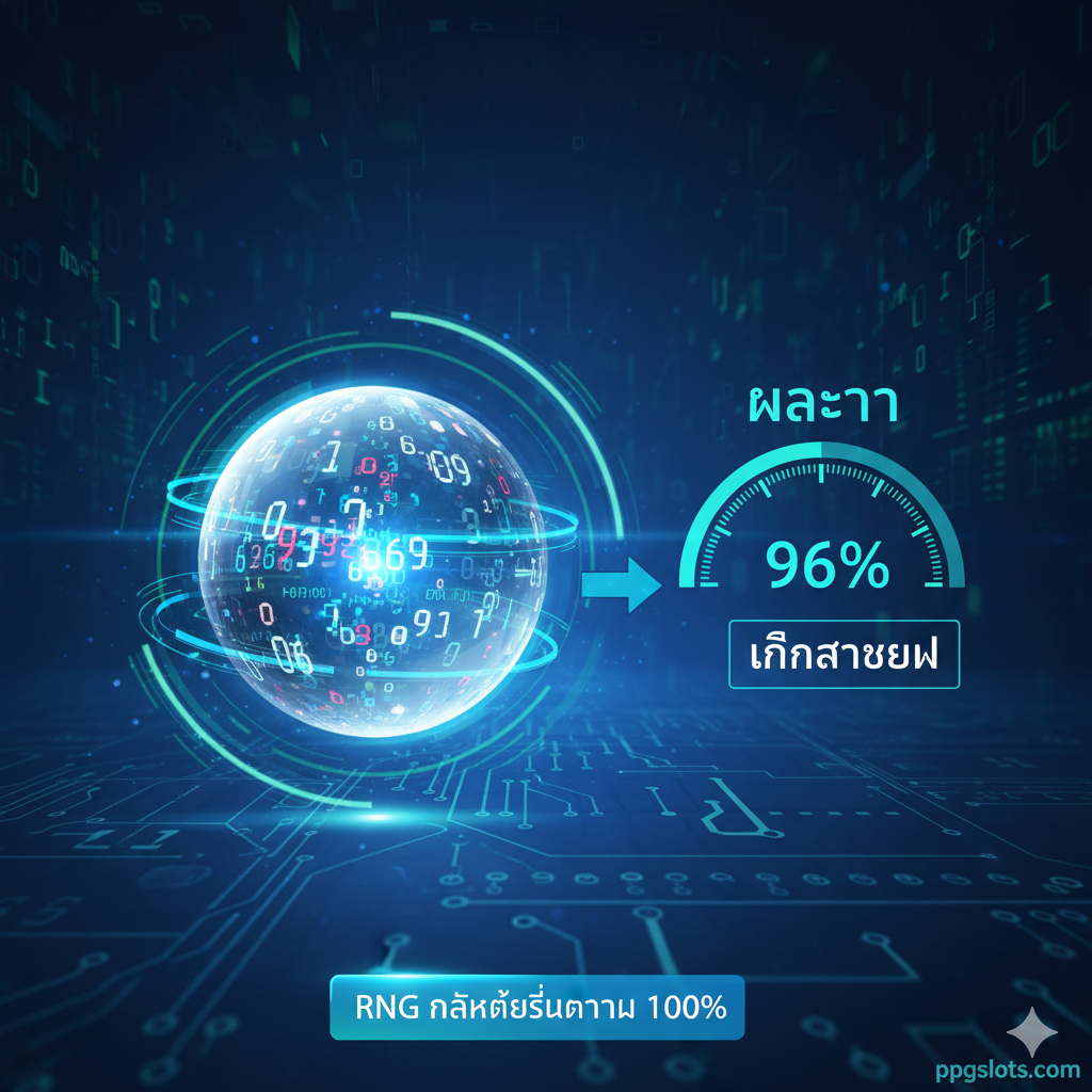 ฟังก์ชันภาพสำหรับอธิบายกลไก RNG และ RTP ภาพต้องเป็นเทคโนโลยีและสีน้ำเงินและเขียว ศูนย์กลางเป็นทรงกลมหมุนเร็วที่เป็นนามธรรม (แสดงถึง RNG) มีตัวเลขและสัญลักษณ์ที่สุ่มกระโดดภายในเพื่อเป็นสัญลักษณ์ของการสุ่มที่ยุติธรรม มีแผนภูมิหรือแผงหน้าปัดที่เรียบง่ายแสดง RTP สูง (เช่น ตัวเลข 96% หรือสูงกว่า) และลูกศรชี้ไปที่ “เงินรางวัล” ภาพโดยรวมชัดเจน ทำให้แนวคิดที่ซับซ้อนง่ายขึ้นด้วยองค์ประกอบภาพ เน้นความยุติธรรมของ Slot XO และมีป้ายกำกับภาษาอังกฤษเล็กๆ ว่า “RNG 100% Fair”