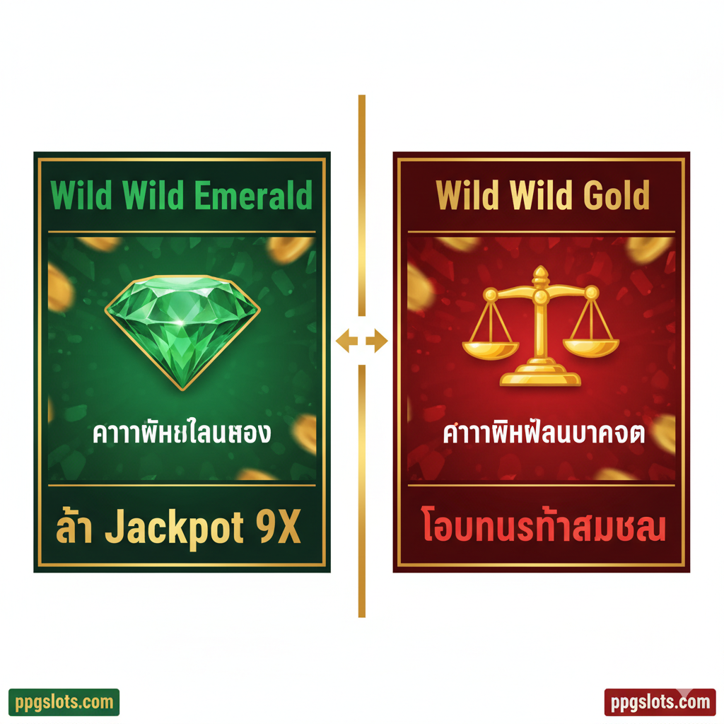 ภาพสรุปเปรียบเทียบระหว่าง Wild Wild Emerald และ Wild Wild Gold ในรูปแบบตารางเปรียบเทียบที่เรียบง่ายแต่ดูดี มีการแบ่งภาพออกเป็นสองฝั่งชัดเจน (ซ้าย Emerald, ขวา Gold) โดยใช้โทนสีเขียว/ทองสำหรับ Emerald และสีทอง/แดงสำหรับ Gold แสดงไอคอนเล็กๆ สำหรับหัวข้อเปรียบเทียบ เช่น รูปเพชรสำหรับ Volatility สูง และรูปสมดุลสำหรับ Volatility ปานกลาง พร้อมข้อความสรุปสั้นๆ เป็นภาษาไทย 'ล่า Jackpot 9X' vs 'โบนัสที่สมดุล' เพื่อให้ผู้เล่นตัดสินใจเลือกเกมได้ง่ายขึ้น