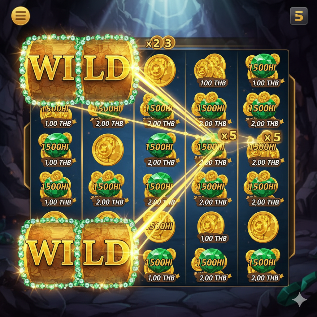 ภาพอธิบายคุณสมบัติ Wild Bonus ที่เป็นหัวใจของเกม แสดงฉากในเกมที่วงล้อที่ 1 และ 2 ถูกครอบคลุมด้วยสัญลักษณ์ Wild Symbol ขนาดใหญ่ และวงล้อที่ 3, 4, และ 5 ขยายออก (เป็น 5x4 หรือ 5x5) โดยมีสัญลักษณ์ Emerald/Coin ที่บรรจุรางวัลเงินสด (ตัวเลขเป็นเงินบาท เช่น 100 THB, 500 THB) ปรากฏอยู่เต็มวงล้อที่ขยาย ภาพเน้นการเชื่อมโยงของ Wild 1 & 2 กับรางวัลมรกต เน้นลูกศรสีทองชี้ไปยังช่องรางวัลและแสดงตัวคูณเล็กน้อยเพื่ออธิบายกลไกการทำงาน