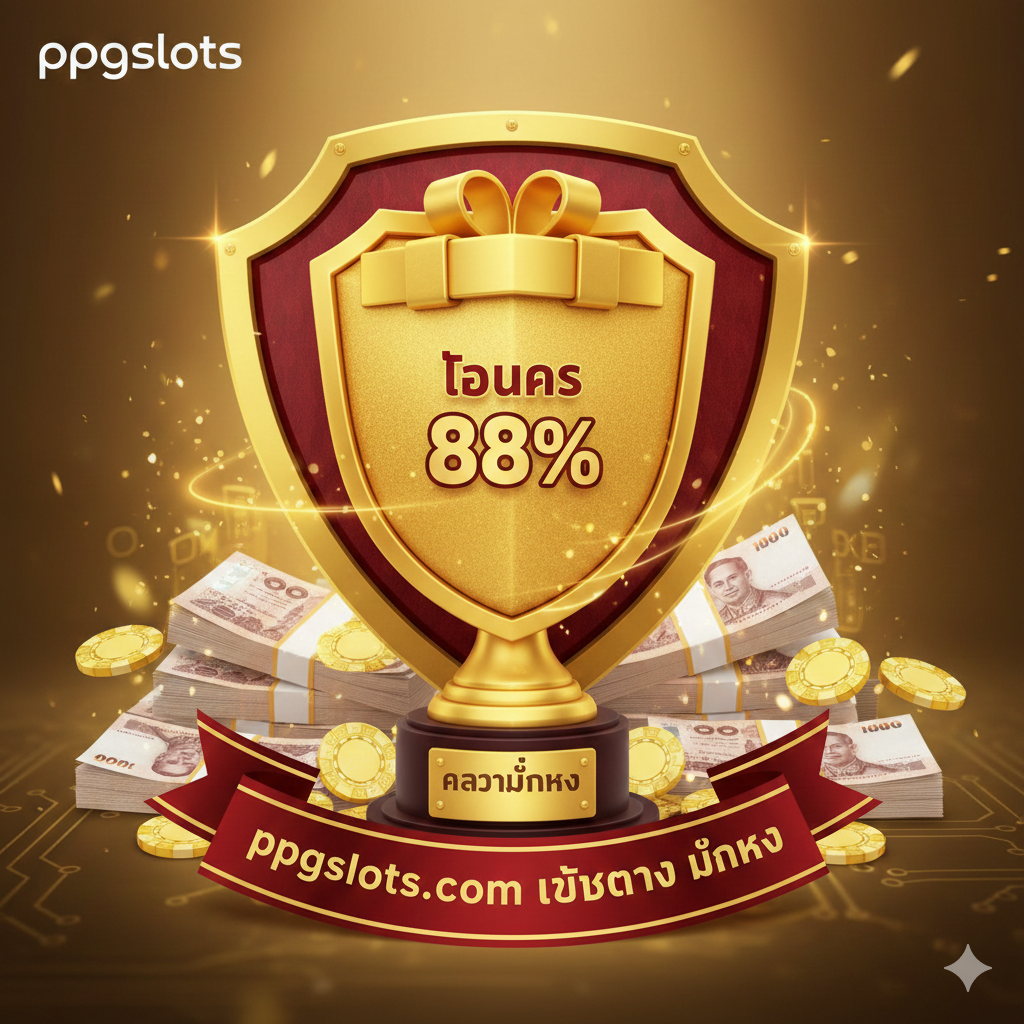一张强调优势,特别是โบนัส 88% (88% Bonus) และ เว็บตรง (Web Direct) 的图片。图片中心是一个巨大的、吸引人的礼盒或奖杯,上面醒目标注 +88% หรือ โบนัส 88%。背景可以是一个金色质感的盾牌,代表ความมั่นคง (Stability) 和 เว็บตรง (Direct Web) 的安全属性。ใช้金色และ深红色来体现高价值和权威性。可以在边缘放置一些筹码หรือ泰铢钞票的元素,暗示高额回报,突出 ppgslots.com เป็น最佳选择的优势。