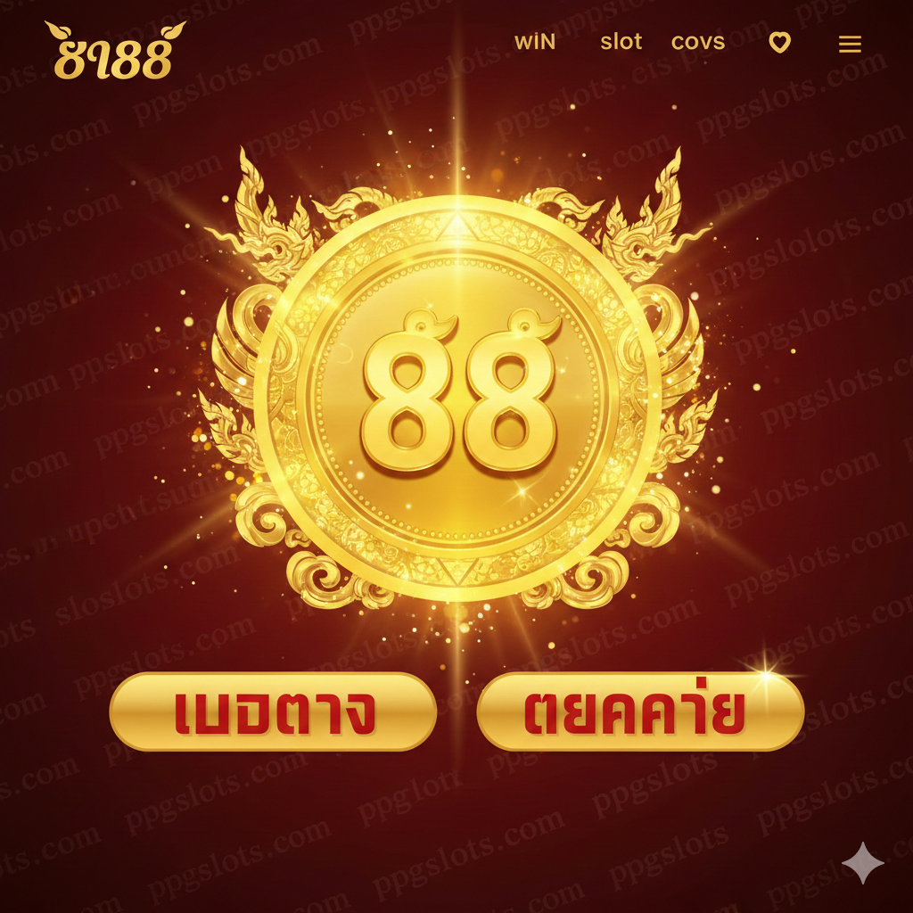 一张引คน่าดูดใจ的泰式风格封面图,主色调为金色和红色,营造出财富และ好运的氛围。中心是一个闪闪发光的老虎机滚轮或一个带有数字 88 的金色幸运币,周围环绕着泰国特有的吉祥符号或光芒。背景可以隐约看到 ppgslots.com 的品牌元素。构图应大胆且充满活力,确保“Win 88 Slot”的关键词和视觉冲击力最大化,吸引用户点击。风格应现代且高端,强调เว็บตรง (Web Direct) 和 แตกง่าย (Easy to break/win) 的核心卖点。