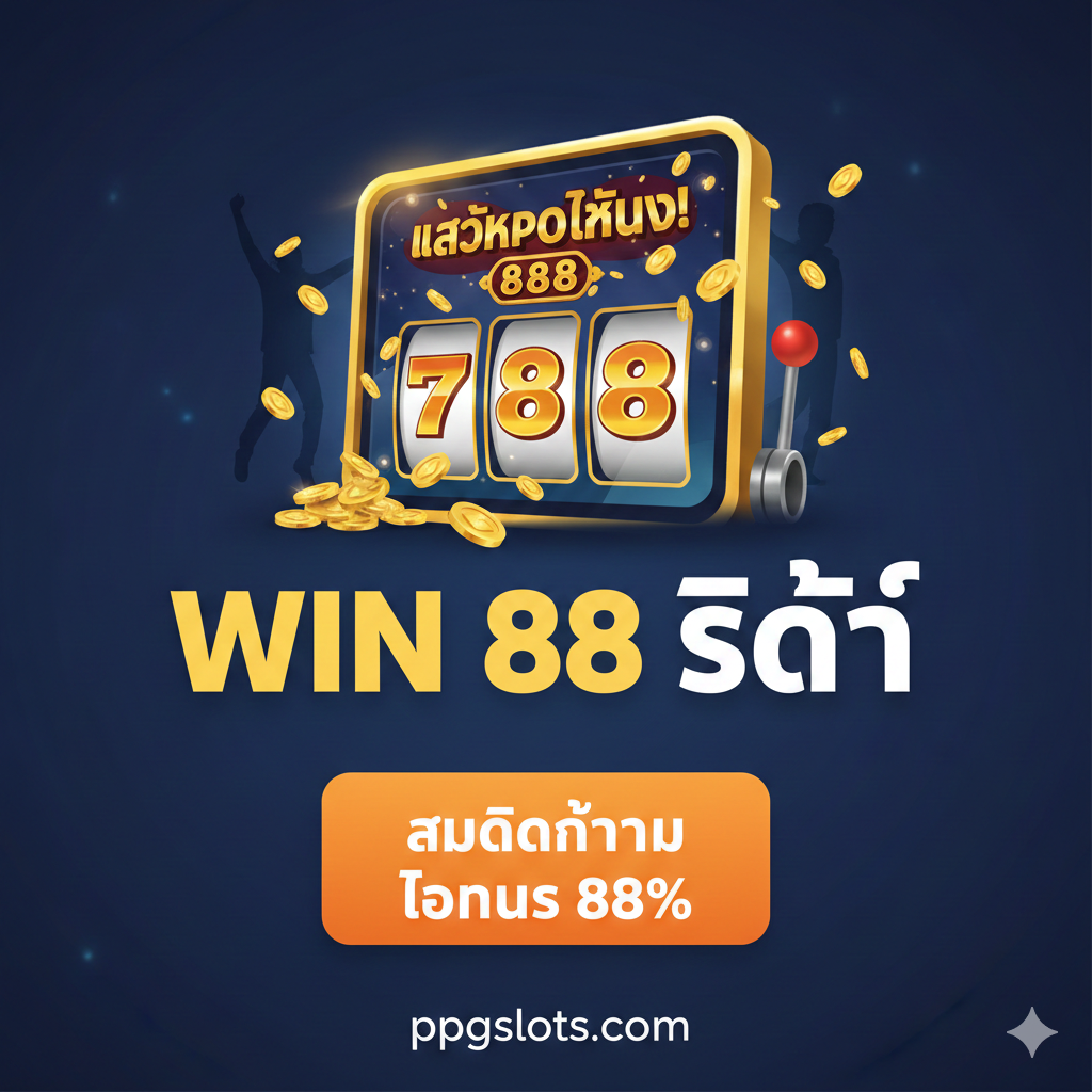 一张用于文章总结และ行动号召 (Call-to-Action) 的图片。画面应充满赢家 (Jackpot) 的氛围,例如一个成功击中大奖的老虎机屏幕,或者一个欢呼的人影。将关键信息(如 Win 88 Slot,สมัครตอนนี้ (Register Now),โบนัส 88%)以醒目的大字体和对比色呈现。构图应将用户的视线引导至一个 CTA按钮形状的区域。整体风格应是积极、激励人心的,并使用 ppgslots.com 的品牌色彩作为点缀,鼓励用户立即注册和游戏。