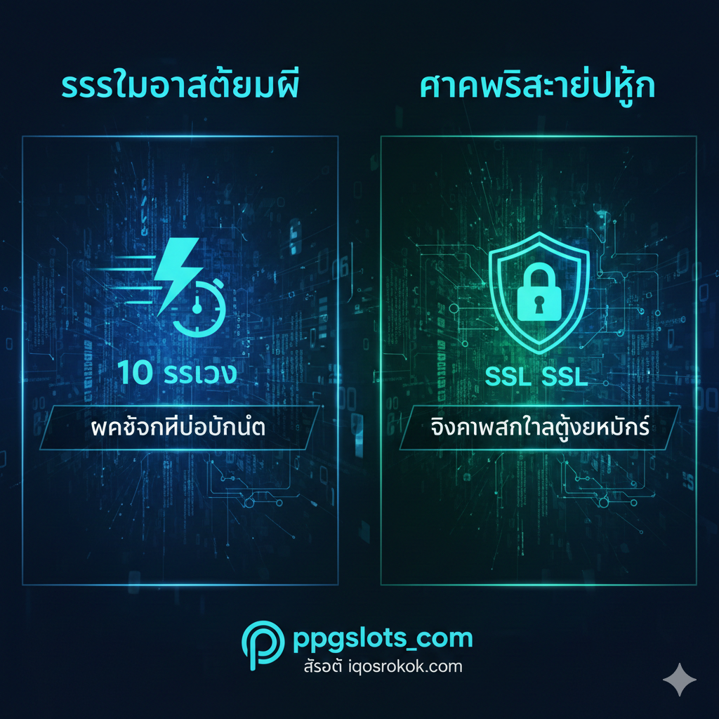 功能特性图，突出“ระบบอัตโนมัติ (Auto)”和“ความปลอดภัยสูง”。图片应采用科技感十足的蓝色/绿色调，背景是抽象的数字和加密代码。画面分为两个主要区域：左侧展示一个闪电图标和计时器，显示“10 วินาที”和“ฝากถอนไม่มีขั้นต่ำ”，强调速度和便捷。右侧展示一个带有盾牌และ锁的图标，代表高级加密（SSL），并配有“ข้อมูลส่วนตัวถูกเข้ารหัส”的文字，突出安全性和隐私保护，将ppgslots.com与传统平台区分开。