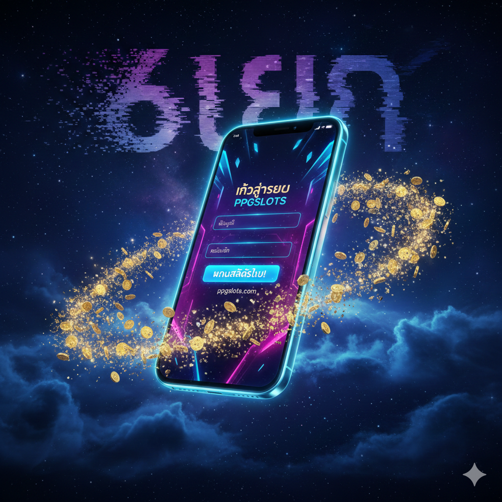 A cinematic 3D composition showing a modern smartphone floating in a deep purple and blue galaxy nebula. The phone screen displays the vibrant neon interface of the PPGSLOTS login page, contrasting sharply with a glitchy, fading text of '6bet' in the distant background. Digital gold coins and data particles orbit the phone, symbolizing the transition to a wealthier, high-tech future. The lighting is dramatic, with neon cyan rim lighting highlighting the sleek edges of the device against the starry void.