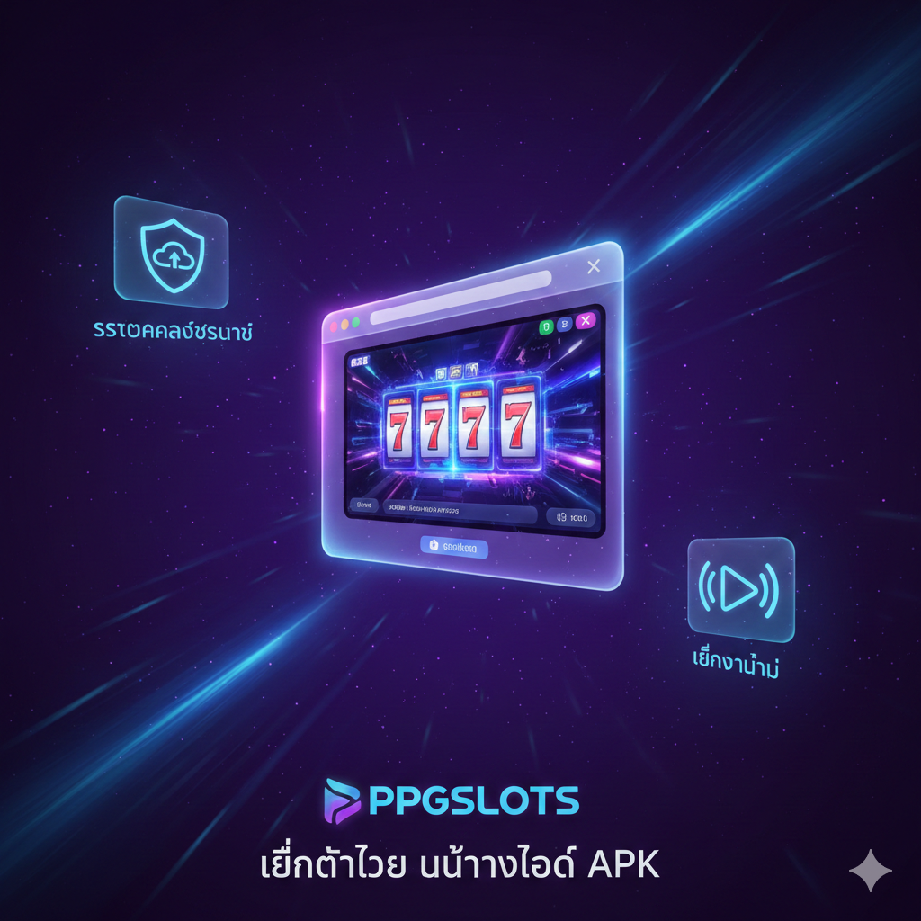 A futuristic illustration visualizing the 'Progressive Web App' (PWA) technology. A glowing web browser window (resembling Chrome or Safari) seamlessly morphs into a high-speed gaming interface without any download bars or loading wheels. Holographic icons representing 'Cloud Security' and 'Instant Play' float around a central digital core. The color palette uses the PPGSLOTS brand colors of deep space violet and electric blue, emphasizing speed, stability, and the elimination of risky APK files.