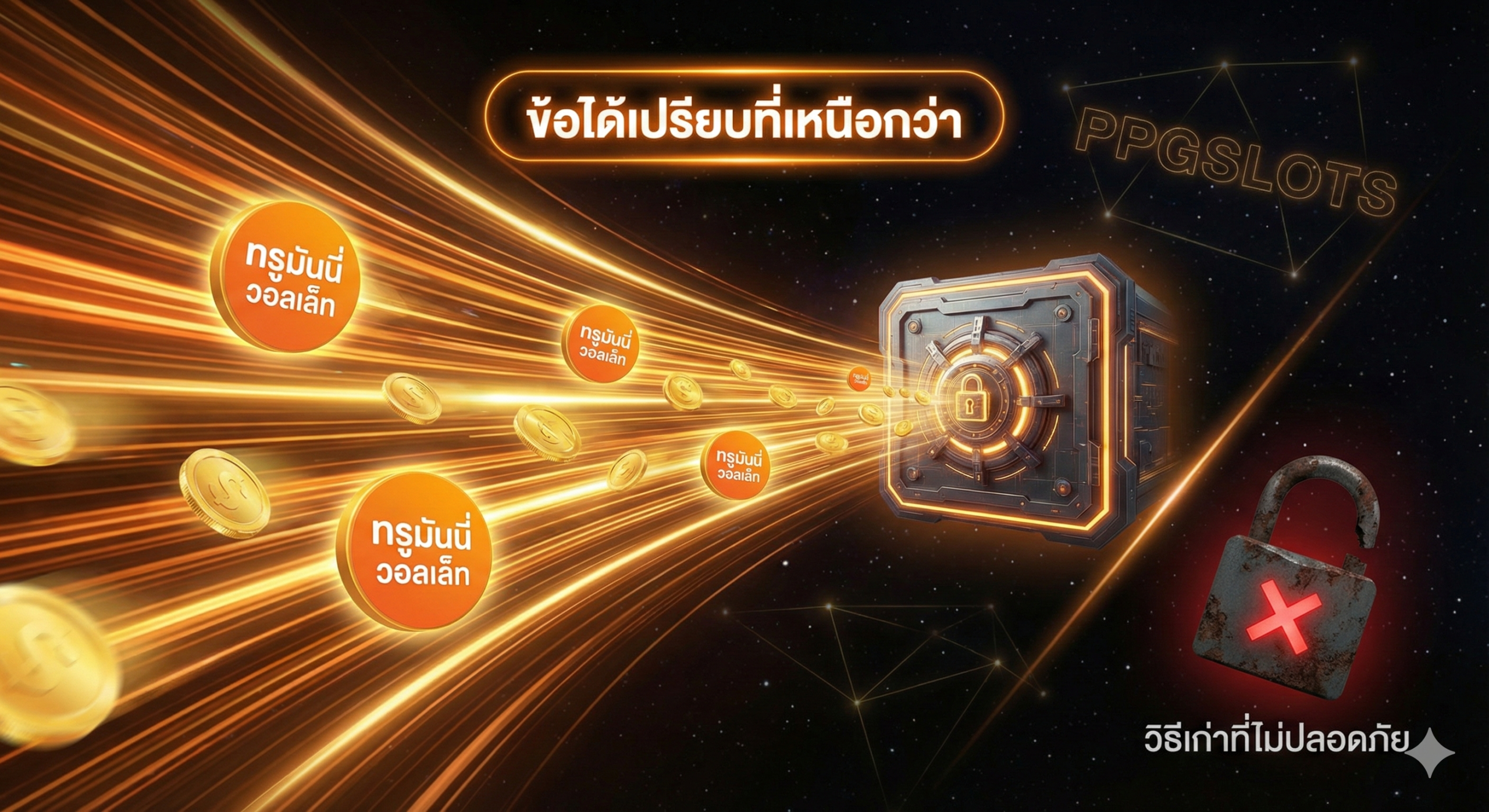 A dynamic visual metaphor for speed and security. A high-speed digital tunnel (warp drive effect) transports TrueMoney Wallet logos and streams of gold coins directly into a futuristic digital vault. In the lower corner, a grayed-out, broken padlock icon represents the unsafe 'Old APK' methods being left behind. The image features strong orange and gold highlights from the TrueMoney branding, contrasting against the dark, starry background of the PPGSLOTS universe, signifying safe and fast transactions.
