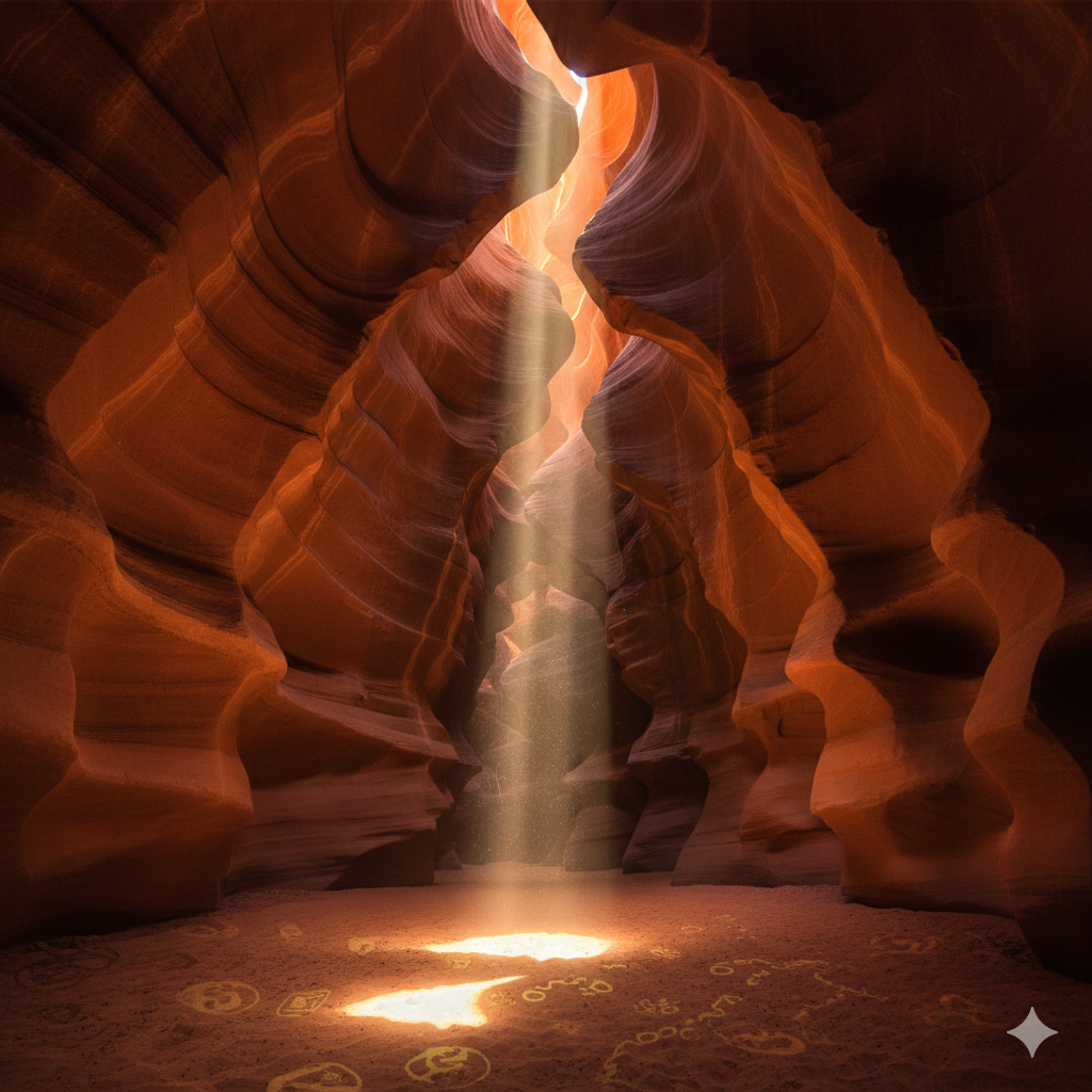 ภาพภายใน Upper Antelope Canyon ที่มีลำแสงส่องลงมา พร้อมกราฟิกสัญลักษณ์แห่งความโชคดี