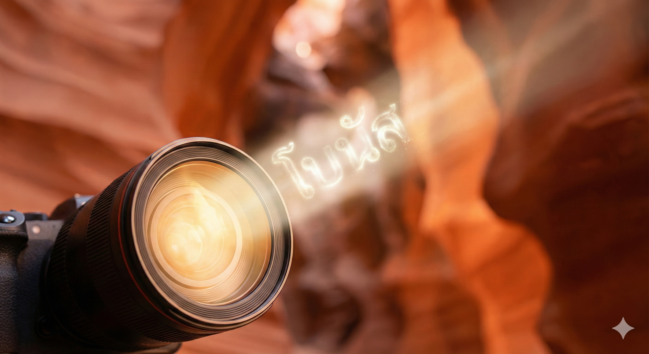 เลนส์กล้องจับภาพลำแสงในแคนยอน พร้อมเอฟเฟกต์แสงคำว่า WIN หรือ BONUS
