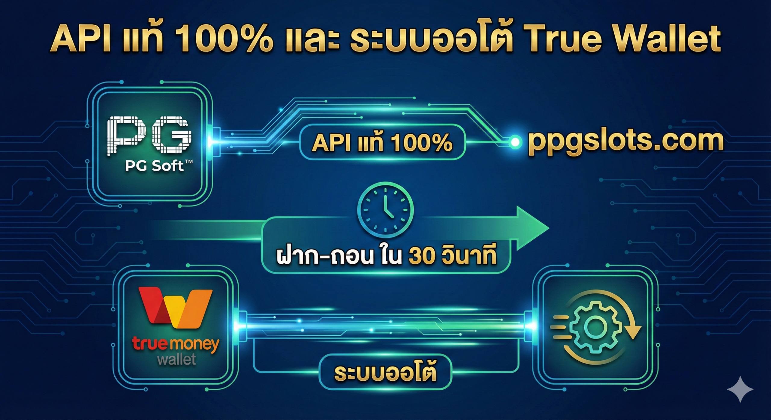ภาพประกอบส่วนคุณสมบัติหลัก เน้นการทำงานของระบบ 'API แท้' และ 'ระบบออโต้ True Wallet' แสดงเป็นแผนภาพง่ายๆ หรืออินโฟกราฟิก โดยมีสัญลักษณ์ของ PG Soft™ และ ppgslots.com เชื่อมโยงกันด้วยเส้นทางดิจิทัลที่ชัดเจน ด้านล่างมีไอคอน TrueMoney Wallet และไอคอนฟันเฟือง (Auto System) ที่แสดงการทำงานที่รวดเร็ว (เช่น ลูกศรความเร็ว) ใช้สีฟ้า สีเขียว และสีทองเพื่อสื่อถึงความน่าเชื่อถือและความลื่นไหล พร้อมคำบรรยายสั้นๆ เน้น 'API แท้ 100%' และ 'ฝาก-ถอน ใน 30 วินาที' เพื่อเน้นจุดเด่นด้านความเร็วและความเสถียร