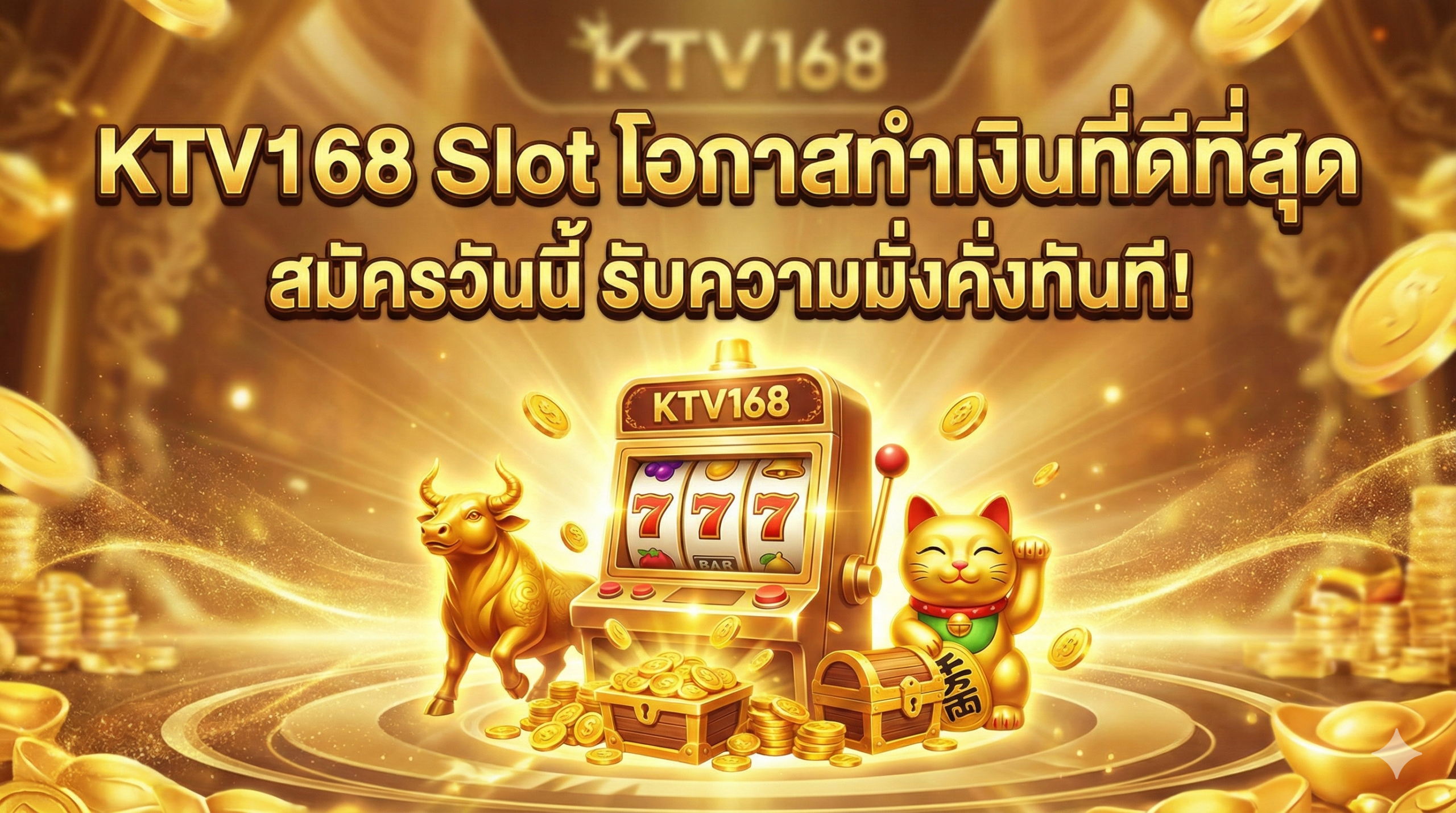 ภาพสรุปปิดท้ายที่สร้างแรงบันดาลใจและกระตุ้นการตัดสินใจ (CTA) เน้นคอนเซปต์ 'KTV168 = โอกาสทอง' แสดงภาพเหรียญทองจำนวนมากที่กำลังไหลออกมาจากสล็อตแมชชีน หรือมีวัวทอง (Fortune Ox) และแมวทอง (Lucky Neko) ซึ่งเป็นสัญลักษณ์มงคลของ PG Slot ล้อมรอบ พร้อมข้อความตัวหนาขนาดใหญ่ที่อ่านง่าย เช่น 'KTV168 Slot โอกาสทำเงินที่ดีที่สุด', 'สมัครวันนี้ รับความมั่งคั่งทันที!' ใช้โทนสีทองที่สว่างสดใสเป็นพิเศษเพื่อสื่อถึงโชคลาภและความสำเร็จ